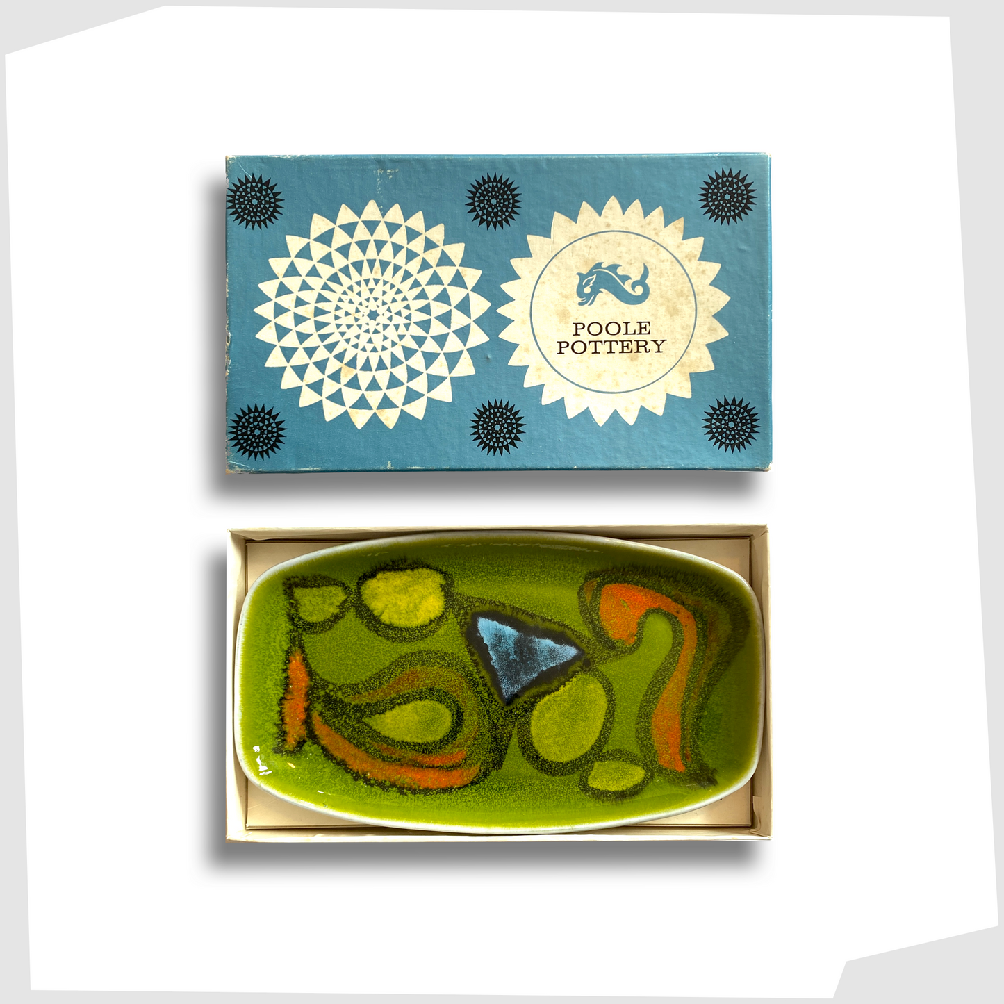 vintage poole pottery delphis pin dish, model 361 in green, orange and yellow glaze, complete with original box