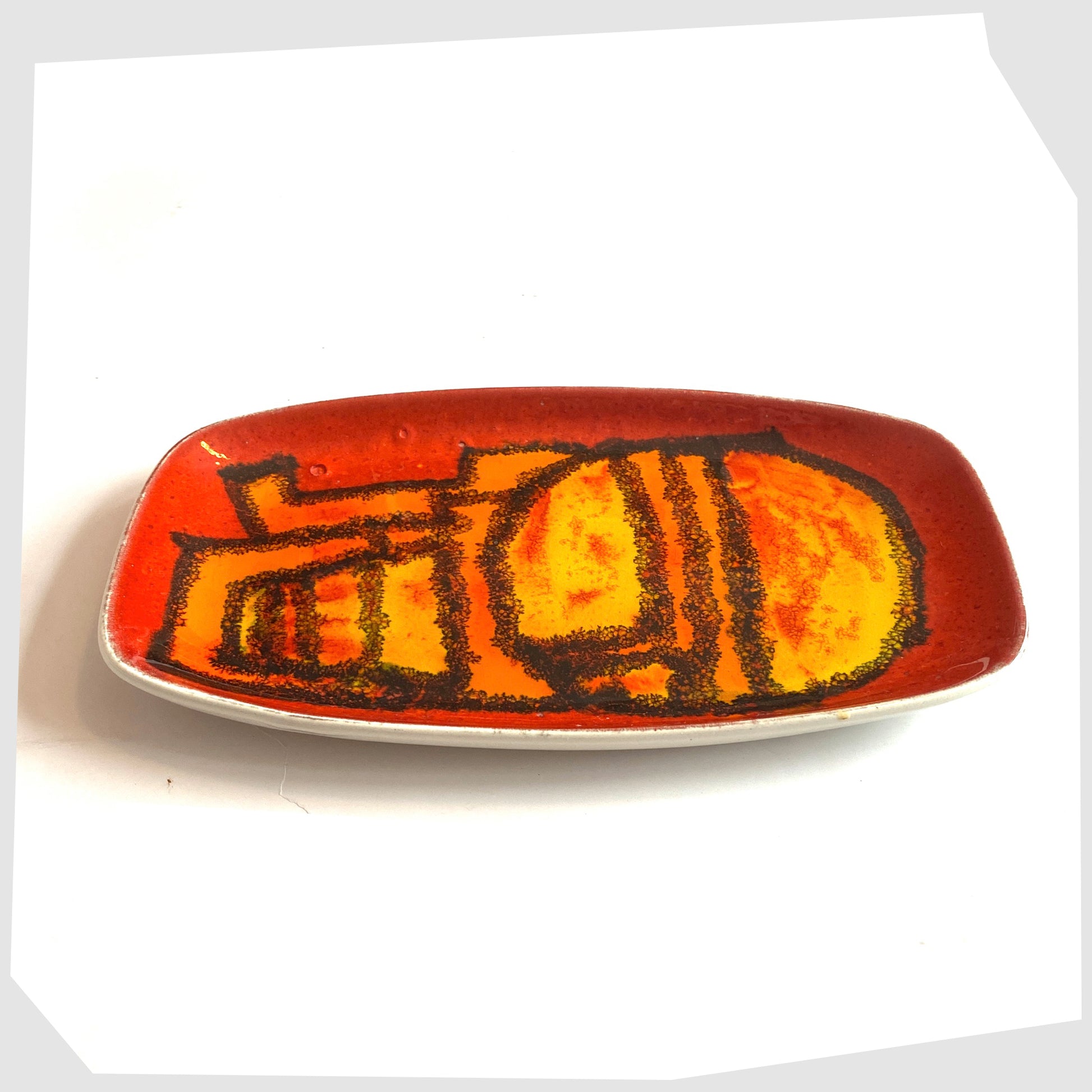 1970s poole pottery delphis pin dish, shape 361, by Carol Cutler in a vivid red, yellow and orange glaze