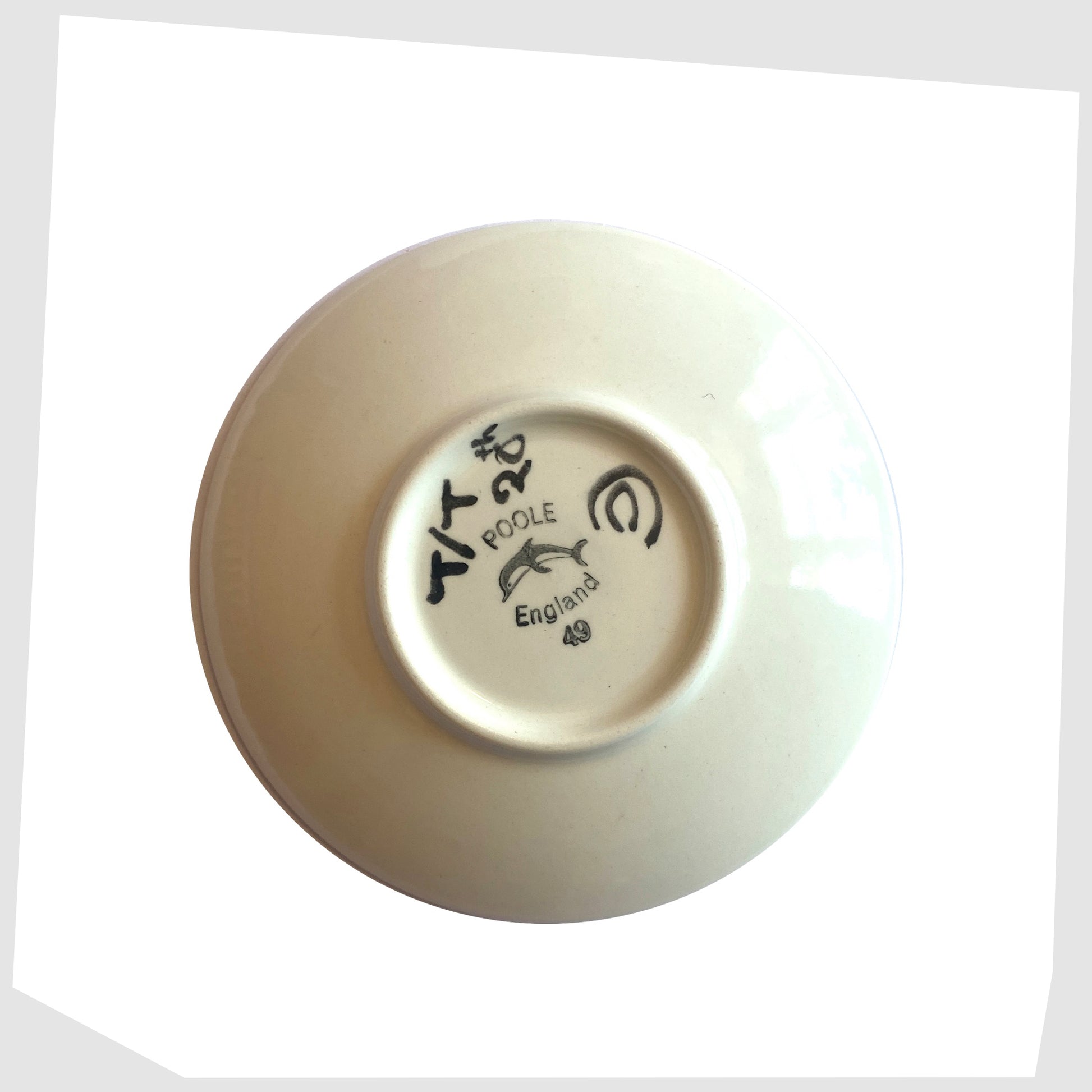 Rear of the Poole Pottery Delphis Pin Dish, Shape 49, signed as CC for Carol Cutler and marked T/T 20th