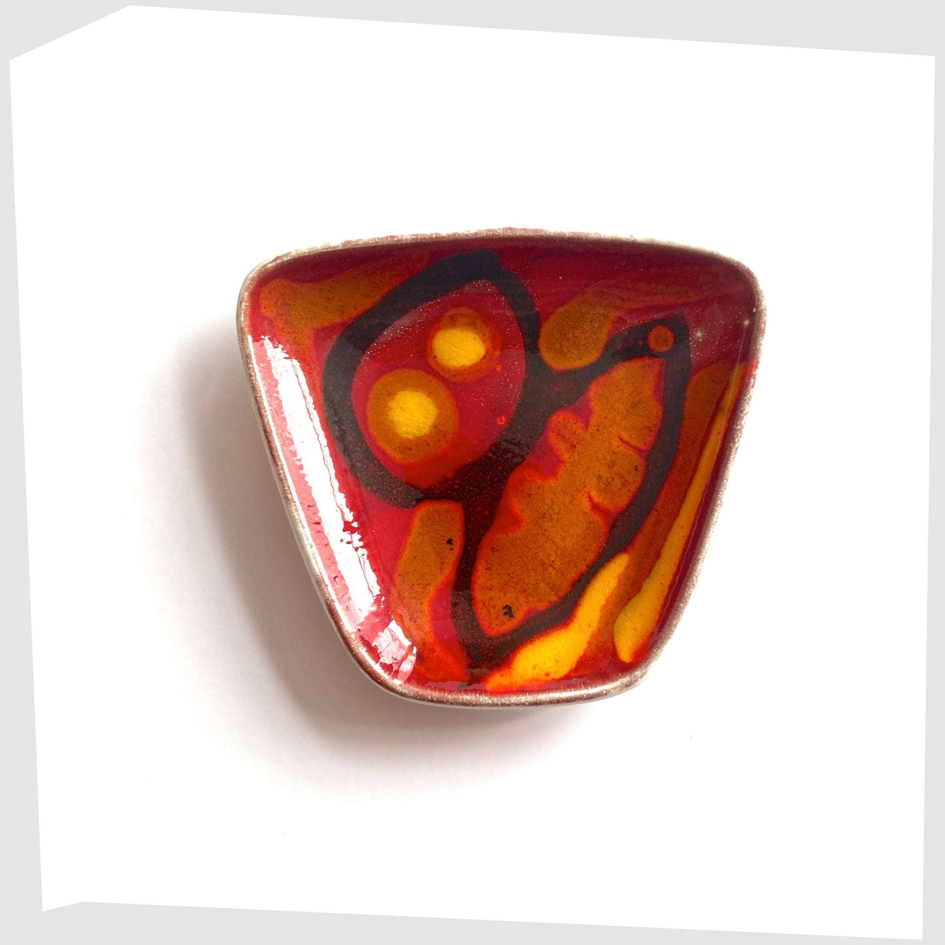 vintage Poole Pottery Delphis Pin Dish, shape 41, by Loretta Leigh glazed in a rich red with fluid forms of blue, orange and yellow