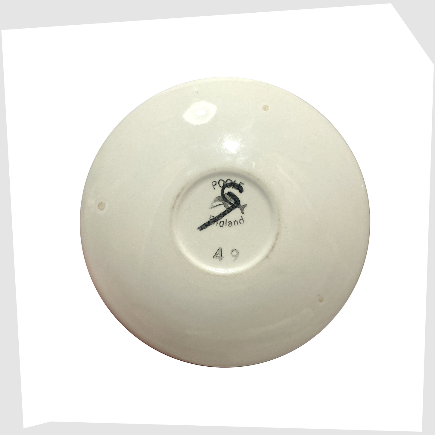 base of the vintage Poole Pottery Delphis Pin Dish marked as shape 49 and signed GT for Gillian Taylor