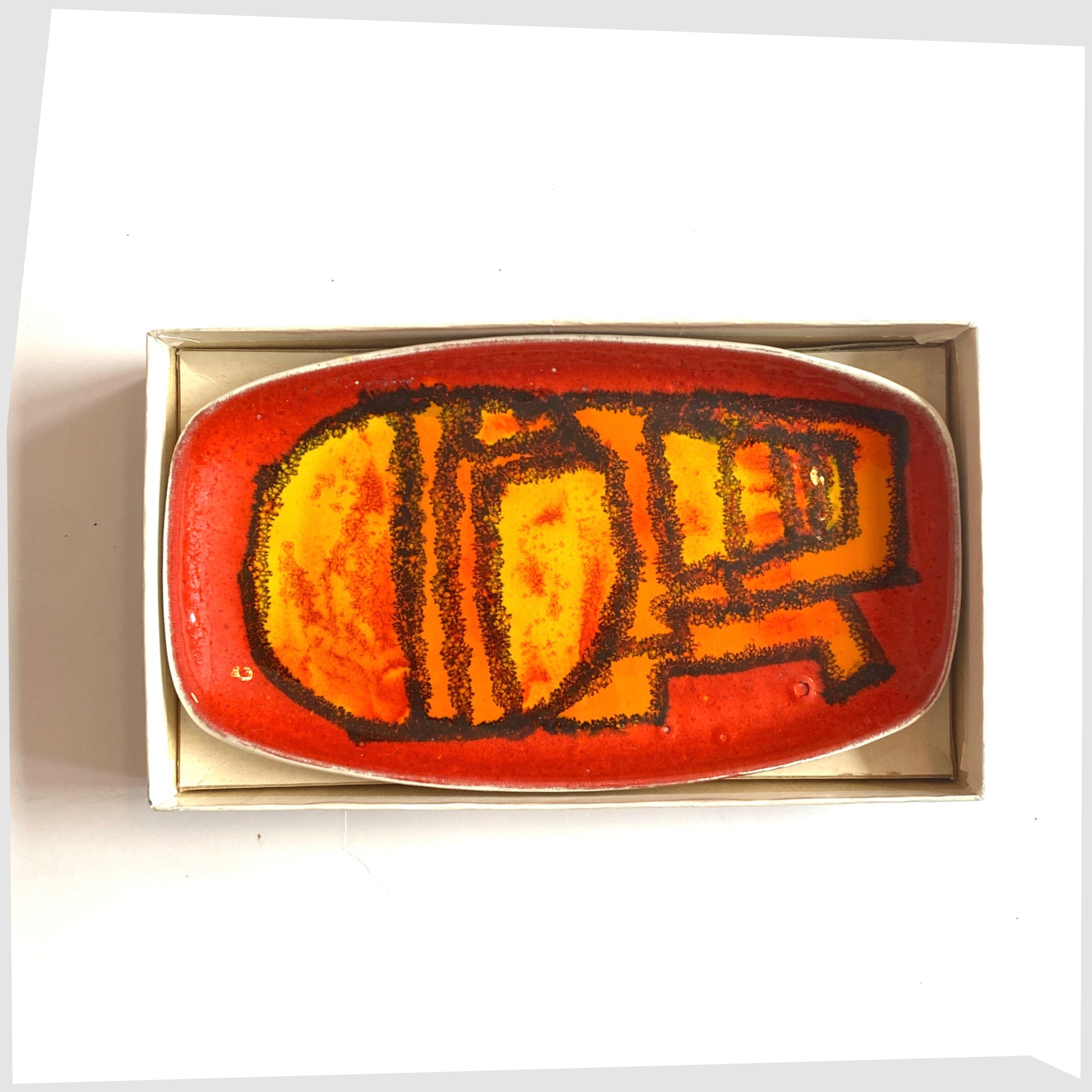 poole pottery delphis pin dish, shape 361, by Carol Cutler inside its retail box insert