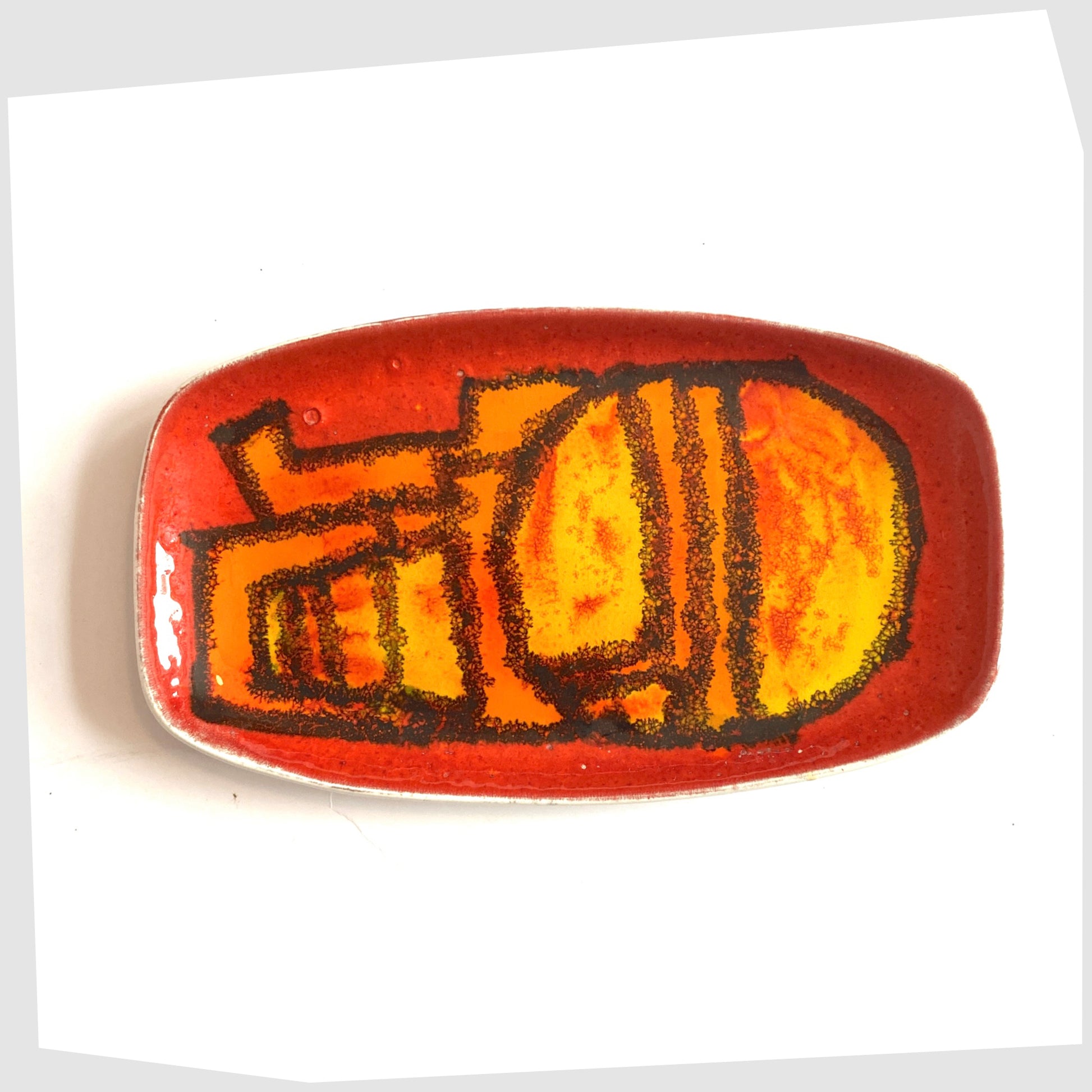 poole pottery delphis pin dish, shape 361, by Carol Cutler in a vivid red, yellow and orange glaze