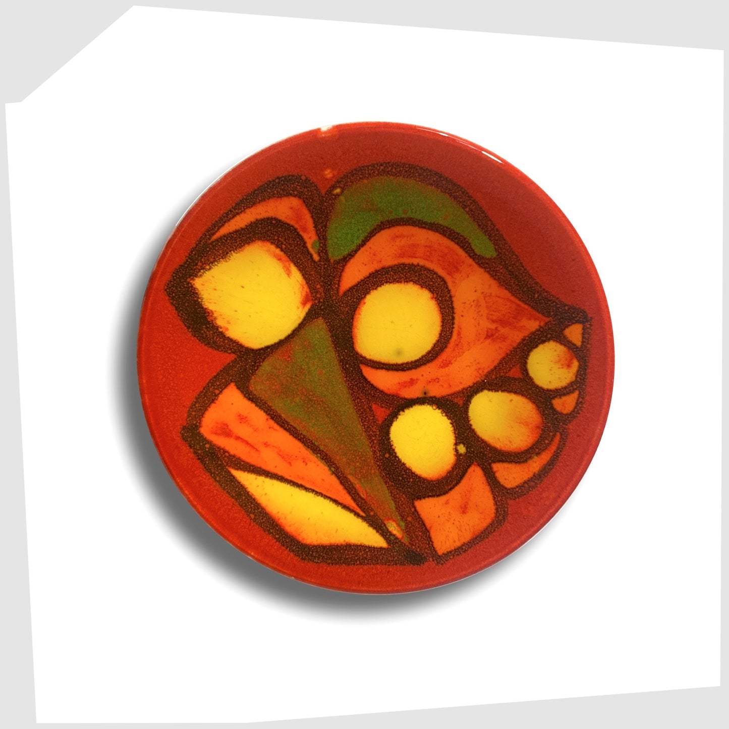 vintage Poole Pottery Delphis Pin Dish, by Gillian Taylor, finished in a rich red with free forms of orange and green