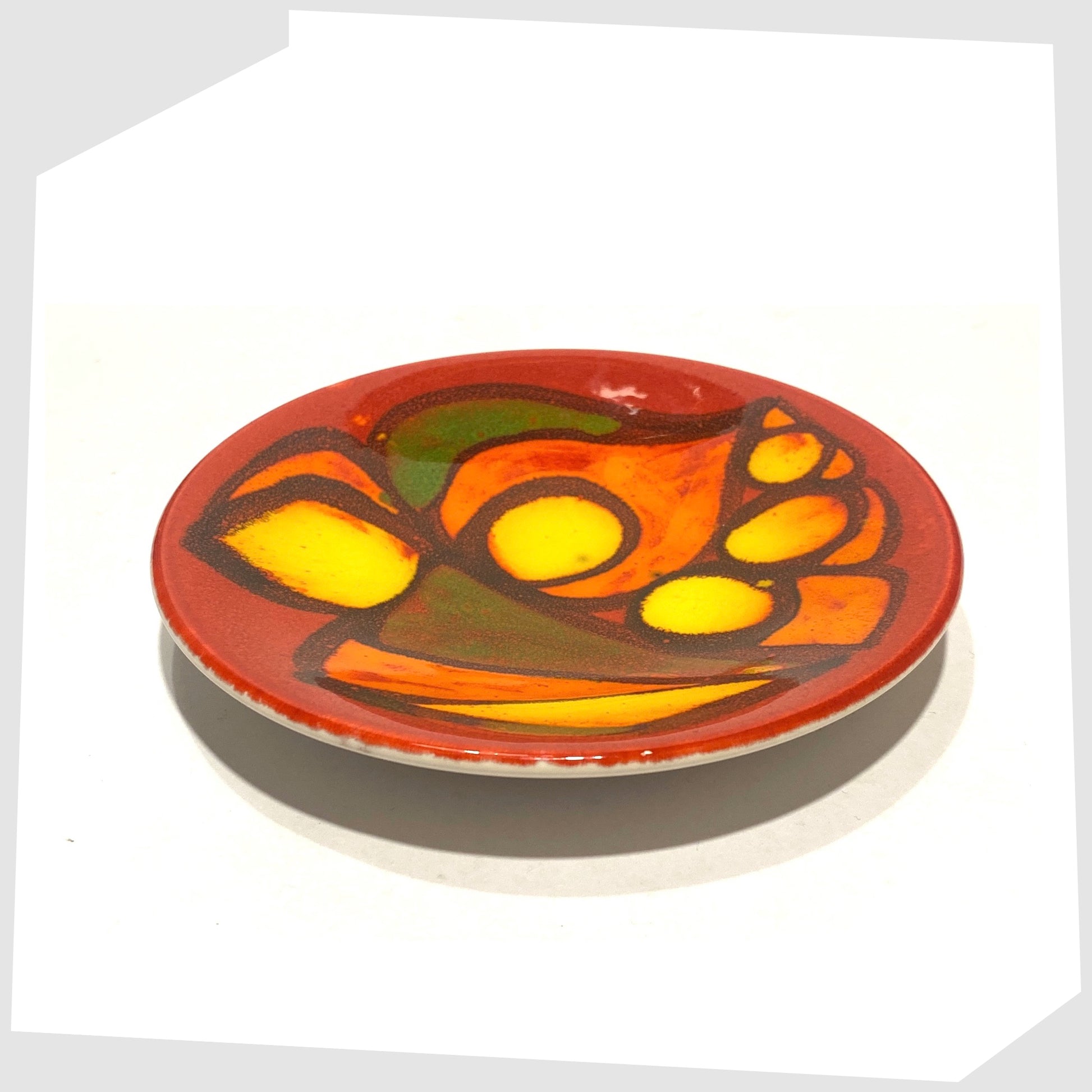1970s Poole Pottery Delphis Pin Dish, by Gillian Taylor, finished in a rich red with free forms of orange and green