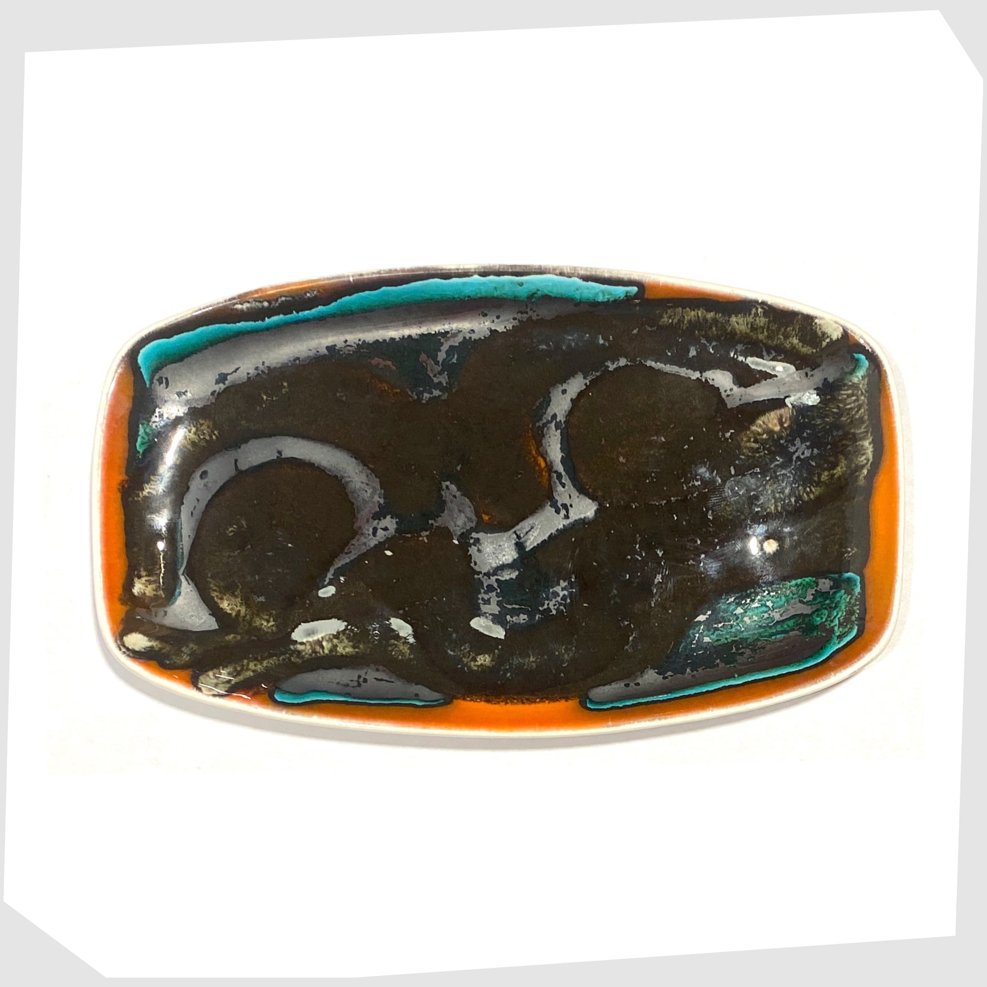 poole pottery delphis pin dish in black glaze frame by orange and teal