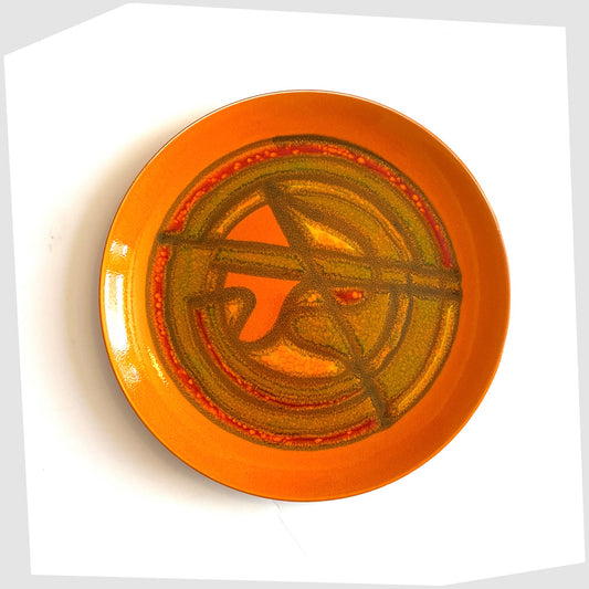 Poole Pottery Delphis Plate by Wendy Smith in a vibrant orange glaze with fluid forms of yellow and green