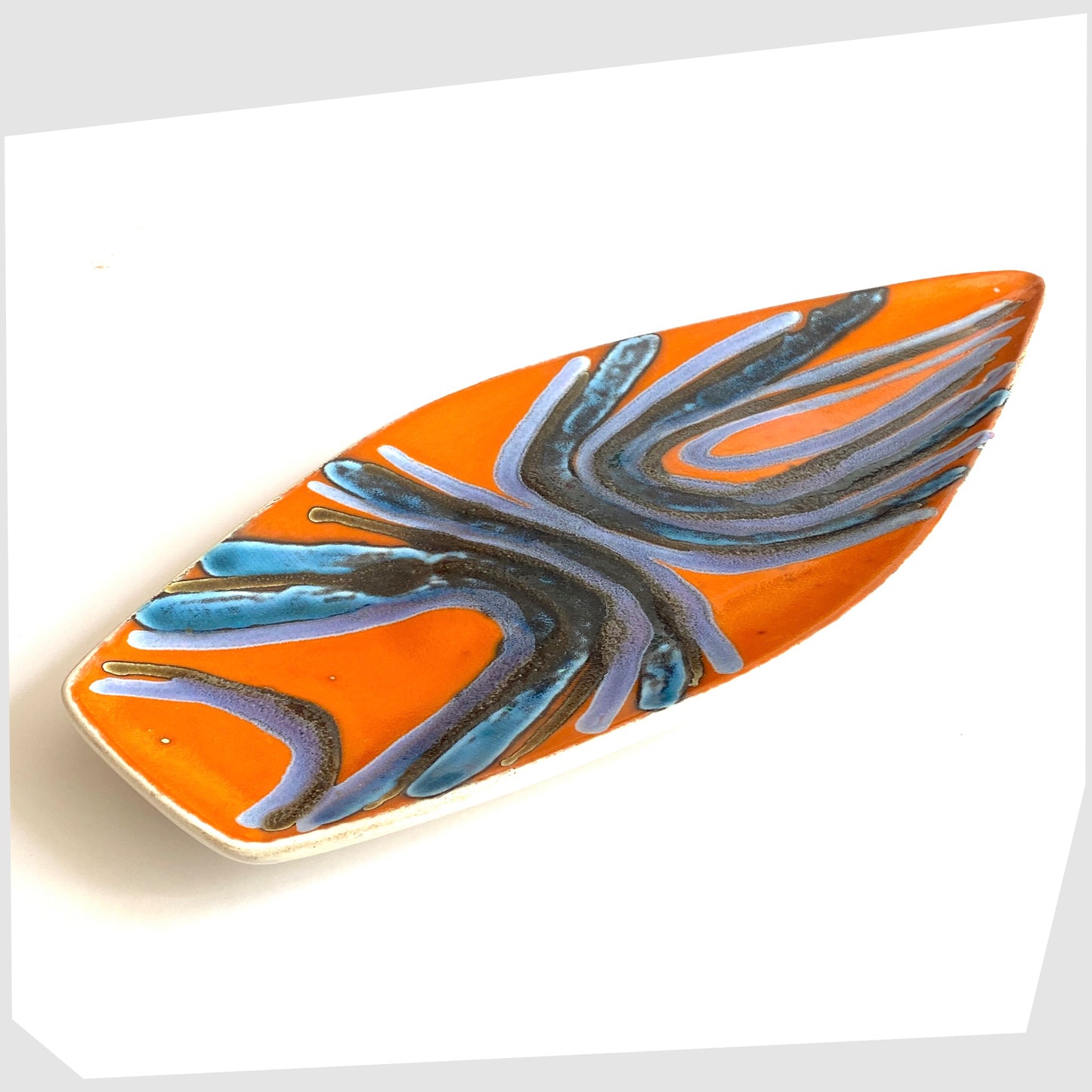 Vintage Poole Pottery Delphis Spear Dish, Shape 82, by Margaret Anderson in a fiery orange glaze with radiating lines of blue and purple glaze