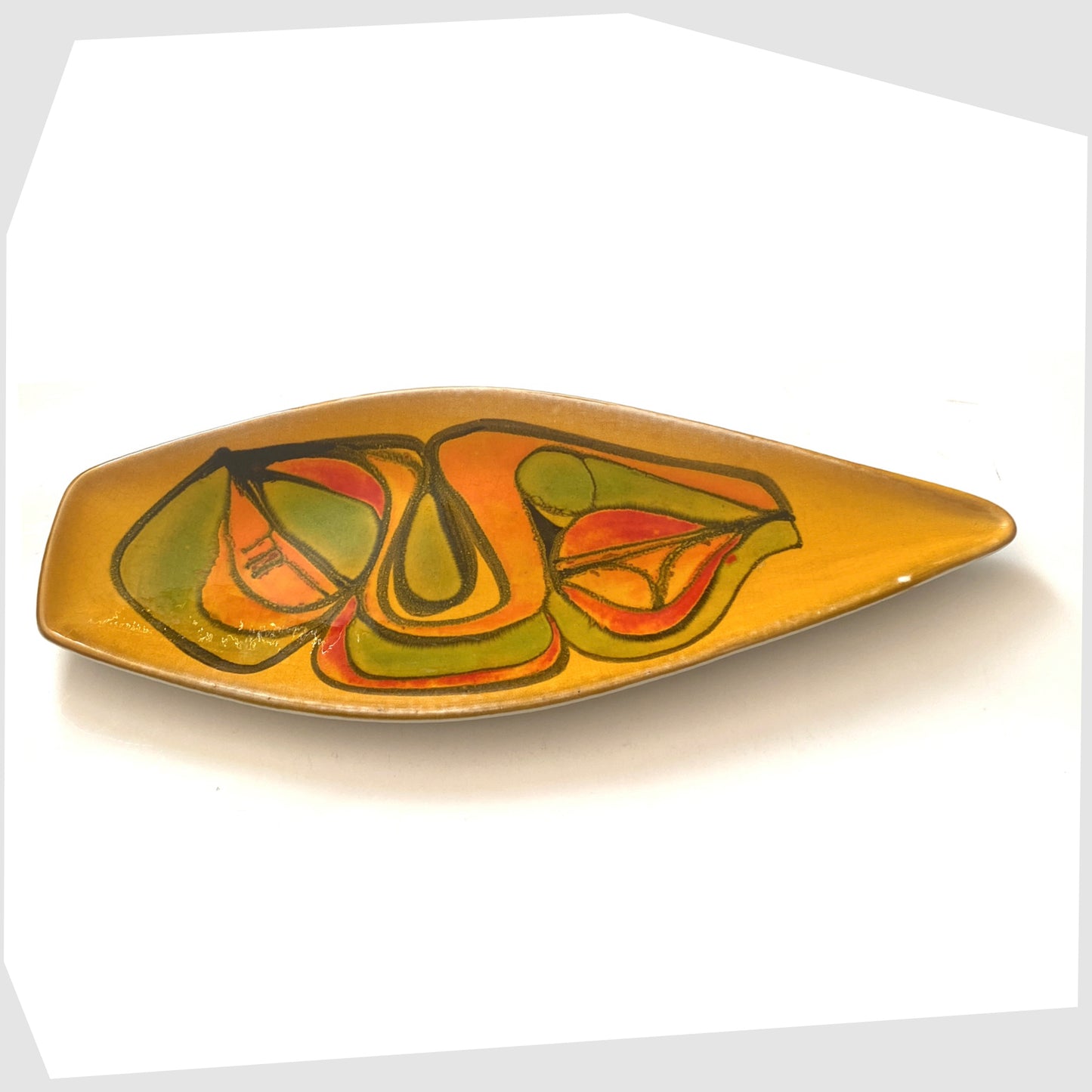 poole-pottery-delphis-spear-dish-by-cyntia-bennet-in-a-mustard-glaze-with-orange-red-and-green-design