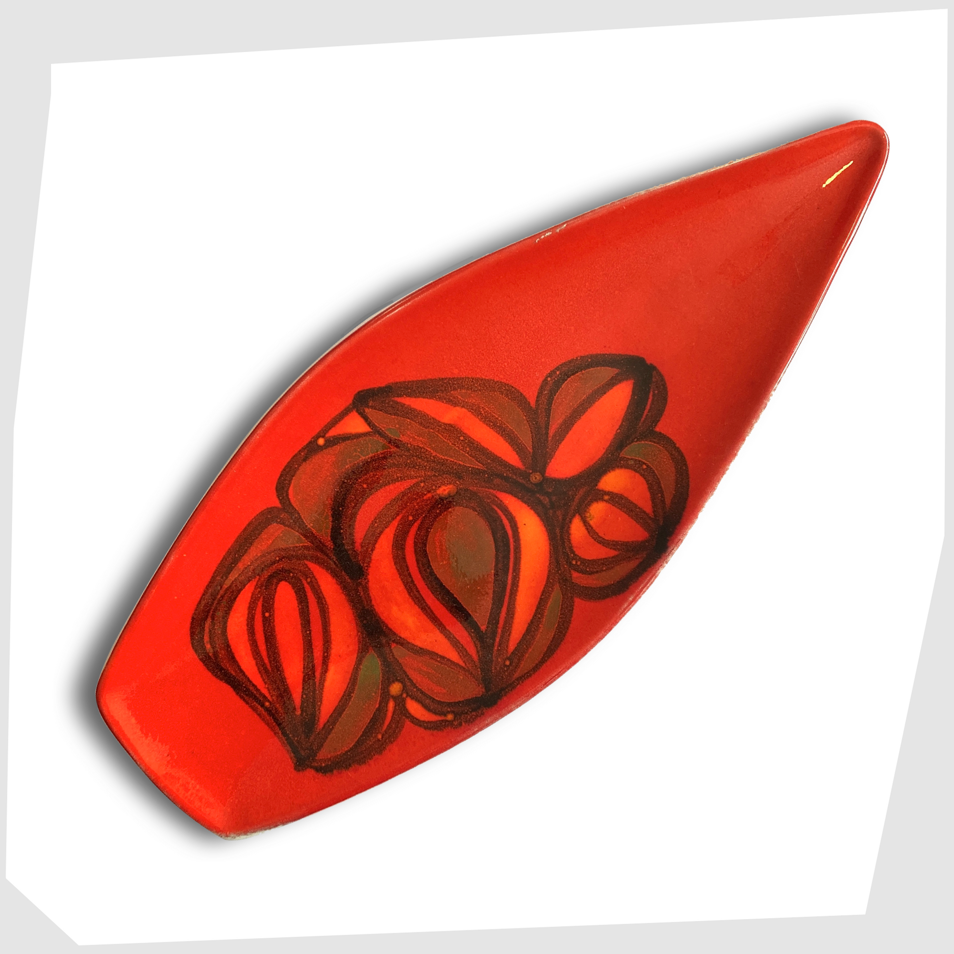 vintage Poole Pottery Spear Dish in a red Delphis glaze with free-form shapes in orange and green