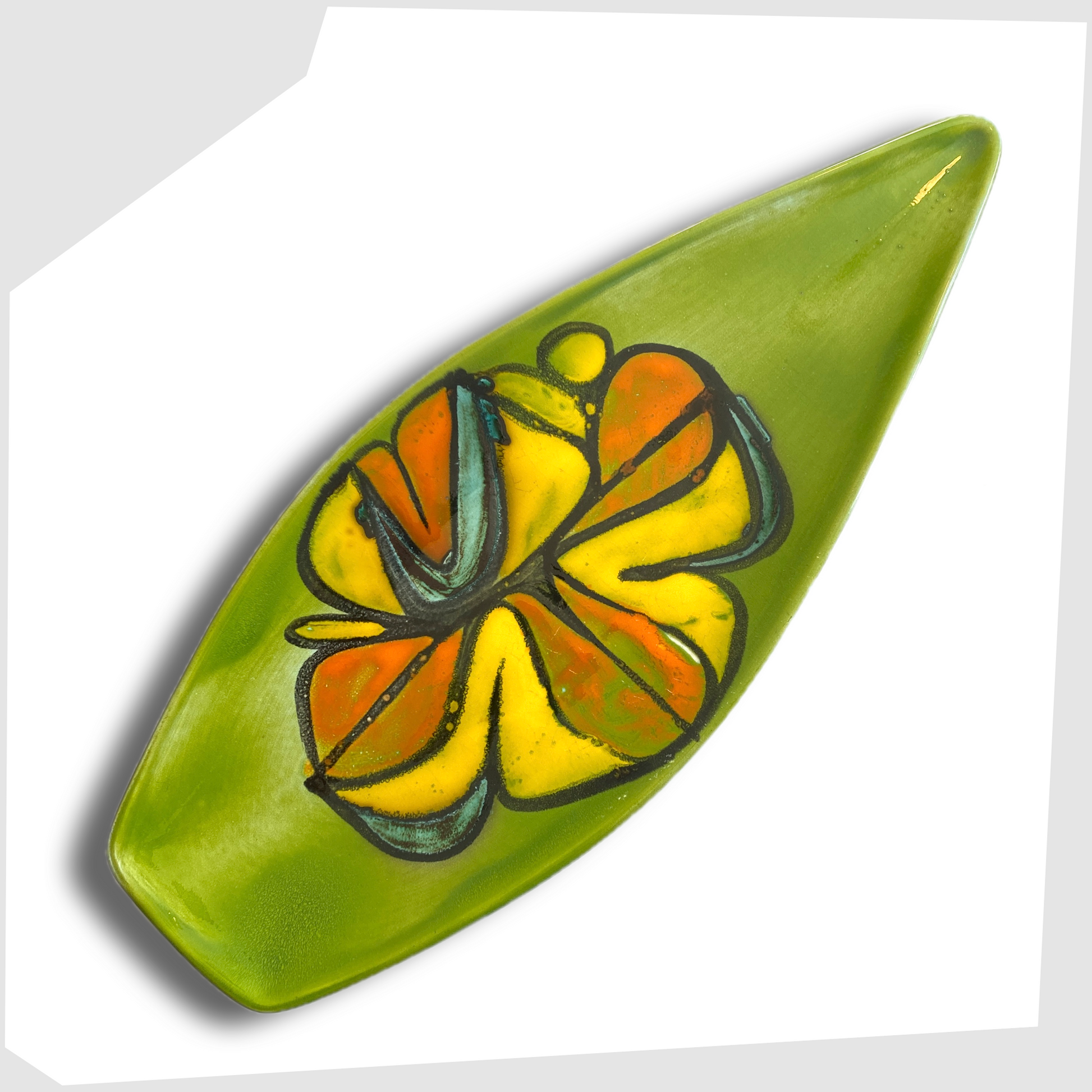 poole pottery delphis spear dish, shape 82 by Cynthia Bennett, in a rich green laze with free-forms shapes of orange and yellow