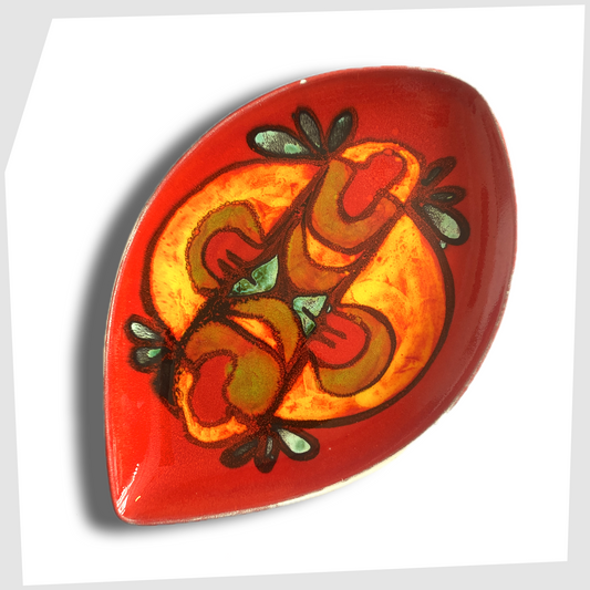 poole pottery delphis teardrop dish by andree fontana, glazed in a rich red with fluid forms of orange and green