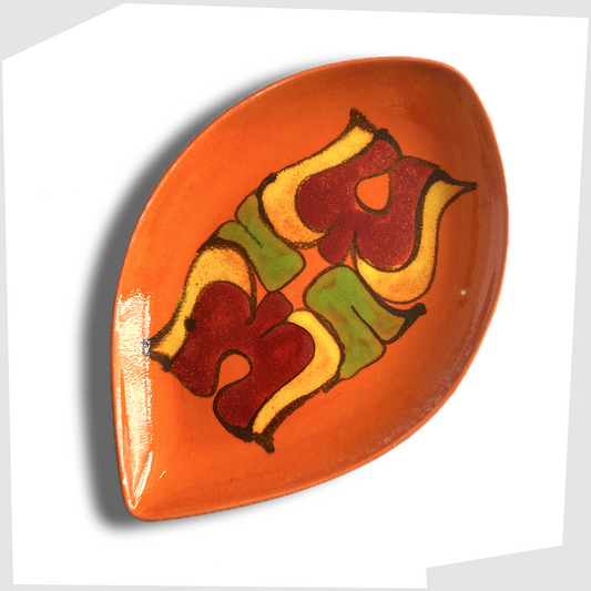 poole pottery teardrop shaped decorative dish, decorated in an orange delphis glaze with fluid shapes of green, yellow and red