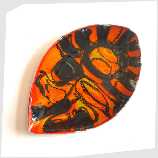 Poole Pottery Delphis Teardrop Dish in a unique glaze of vivid orange and red with contrasting forms of gloss black