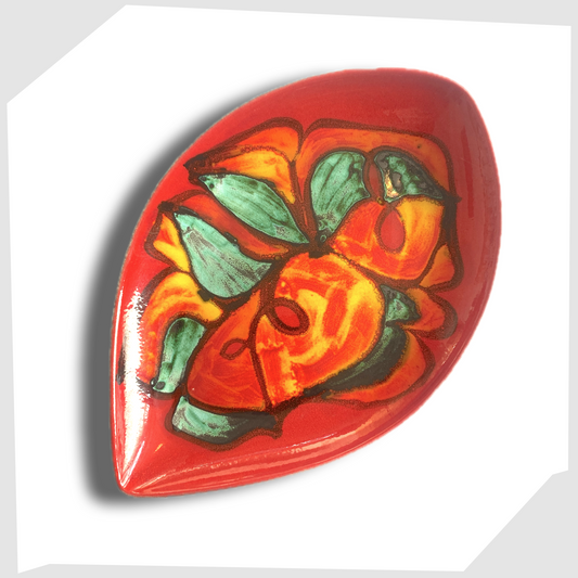 vintage Poole Pottery Delphis Teardrop Dish, shape 91, decorated by Angela Wyburgh, in a red glaze with green and orange forms