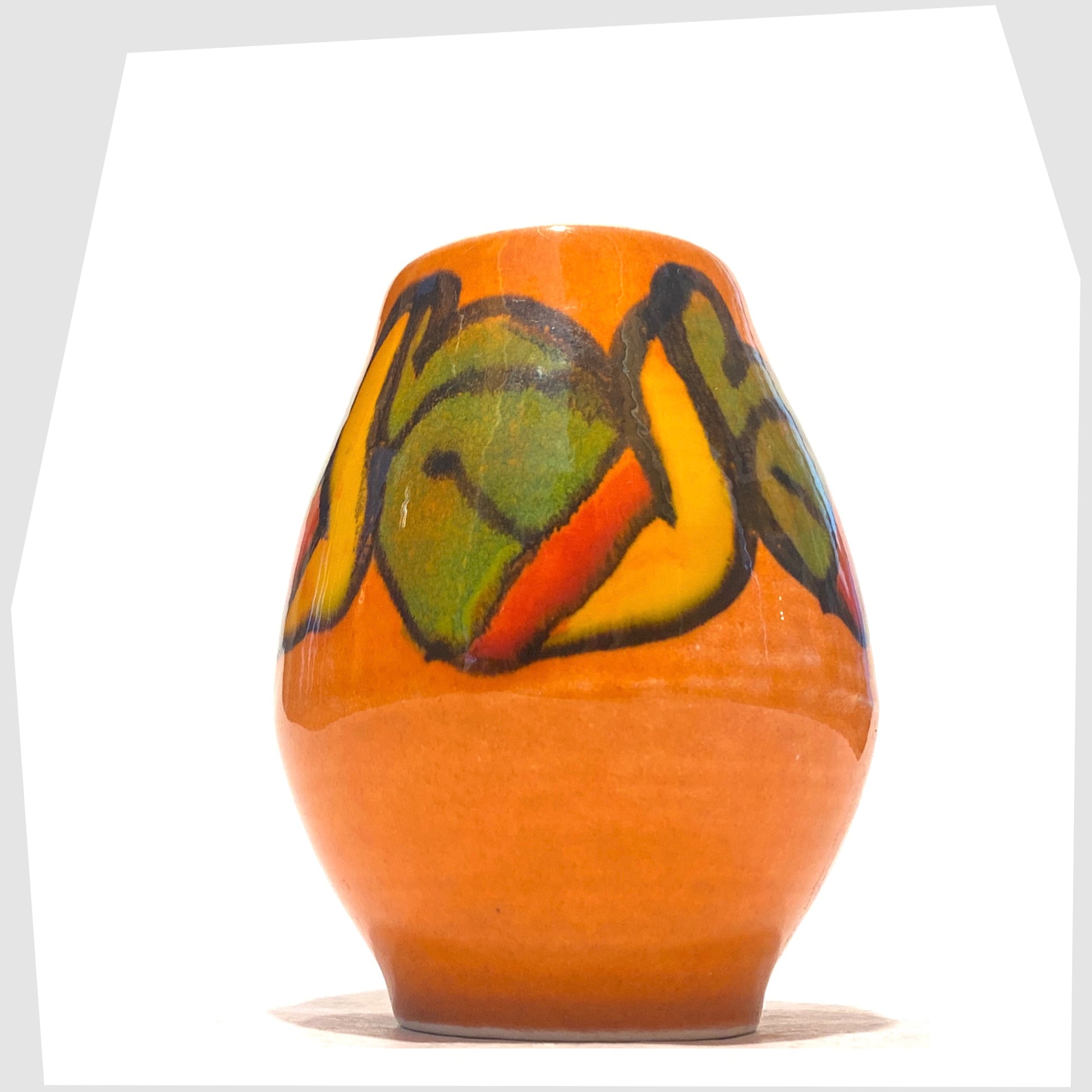 Vintage Poole Pottery Shape 31 Vase by Cynthia Bennett finished in an Orange Delphis glaze with forms of green, yellow and red