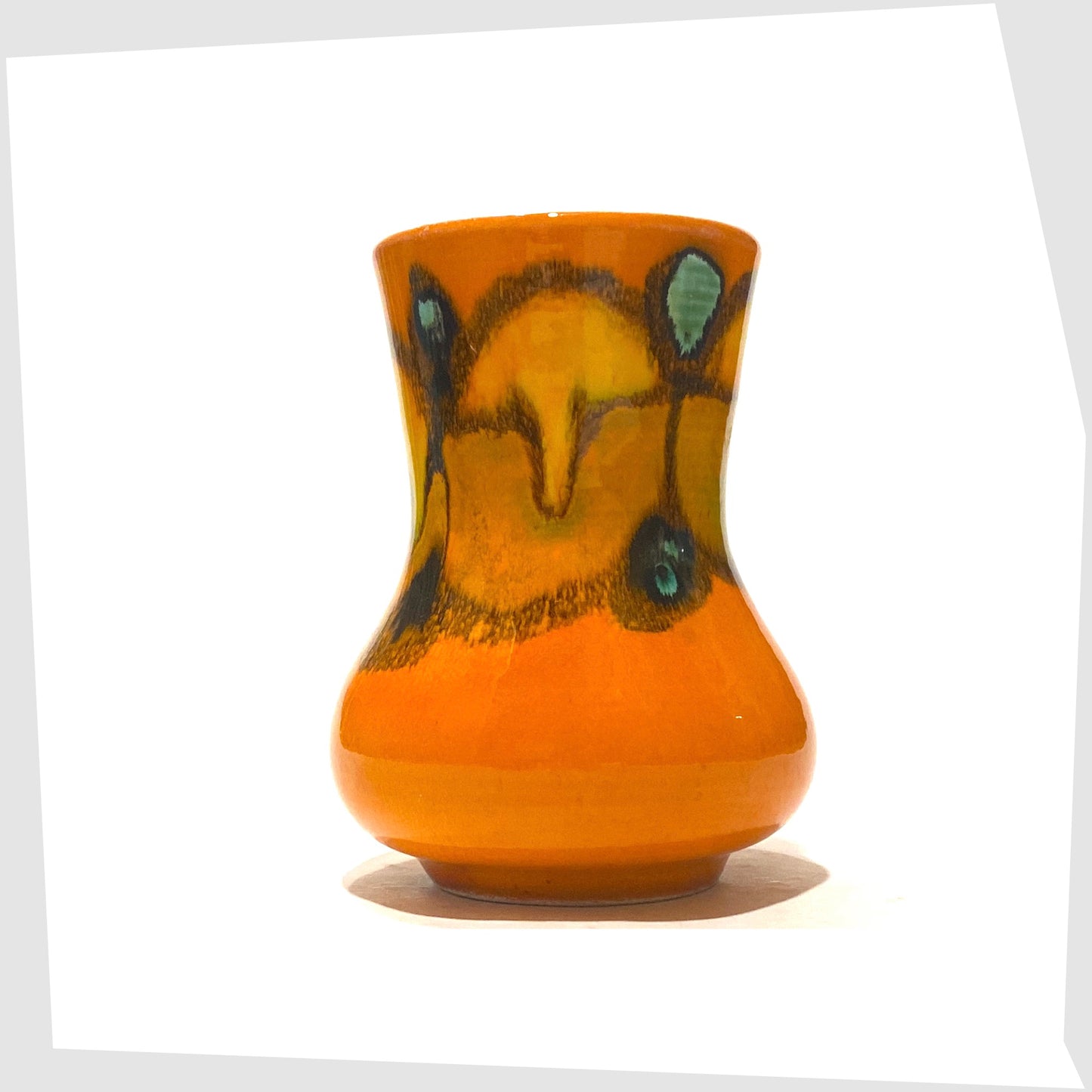 vintage poole pottery delphis vase, shape 31, in a vivid orange glaze with green and yellow forms
