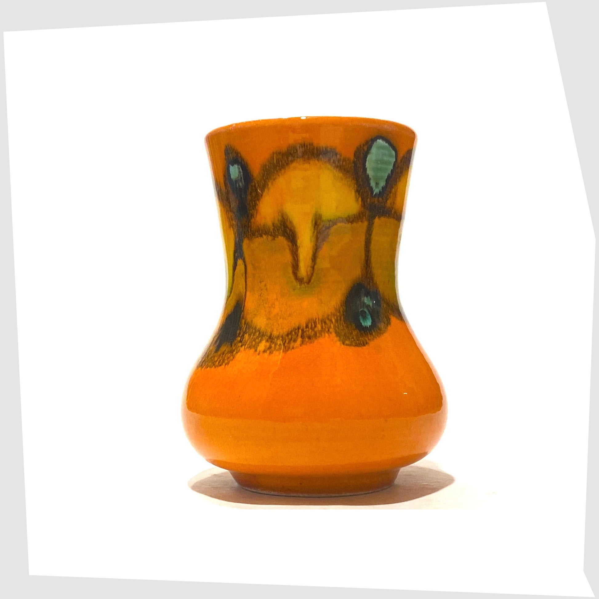 vintage poole pottery delphis vase, shape 31, in a vivid orange glaze with green and yellow forms