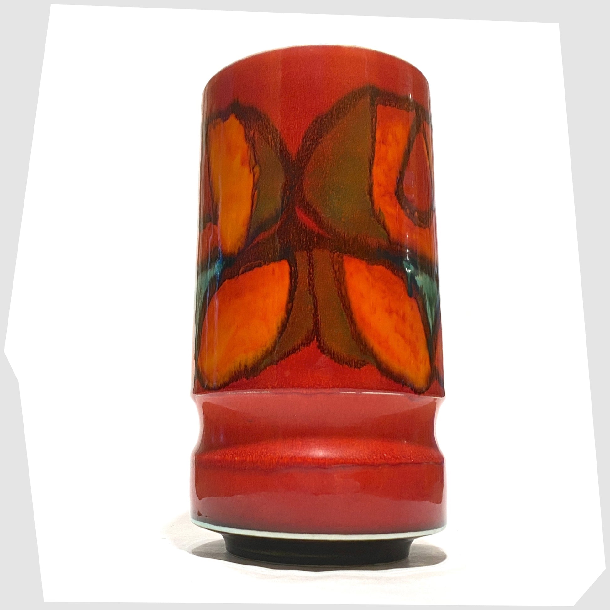 Poole Pottery vase, shape 84, in a red, green and orange Delphis glaze by Cynthia Bennett