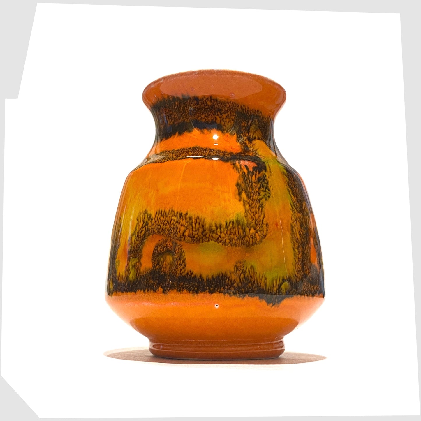 1960s Poole Pottery Delphis Vase, shape 31, by Carol Cutler in a vibrant orange glaze with geometric forms of yellow and green