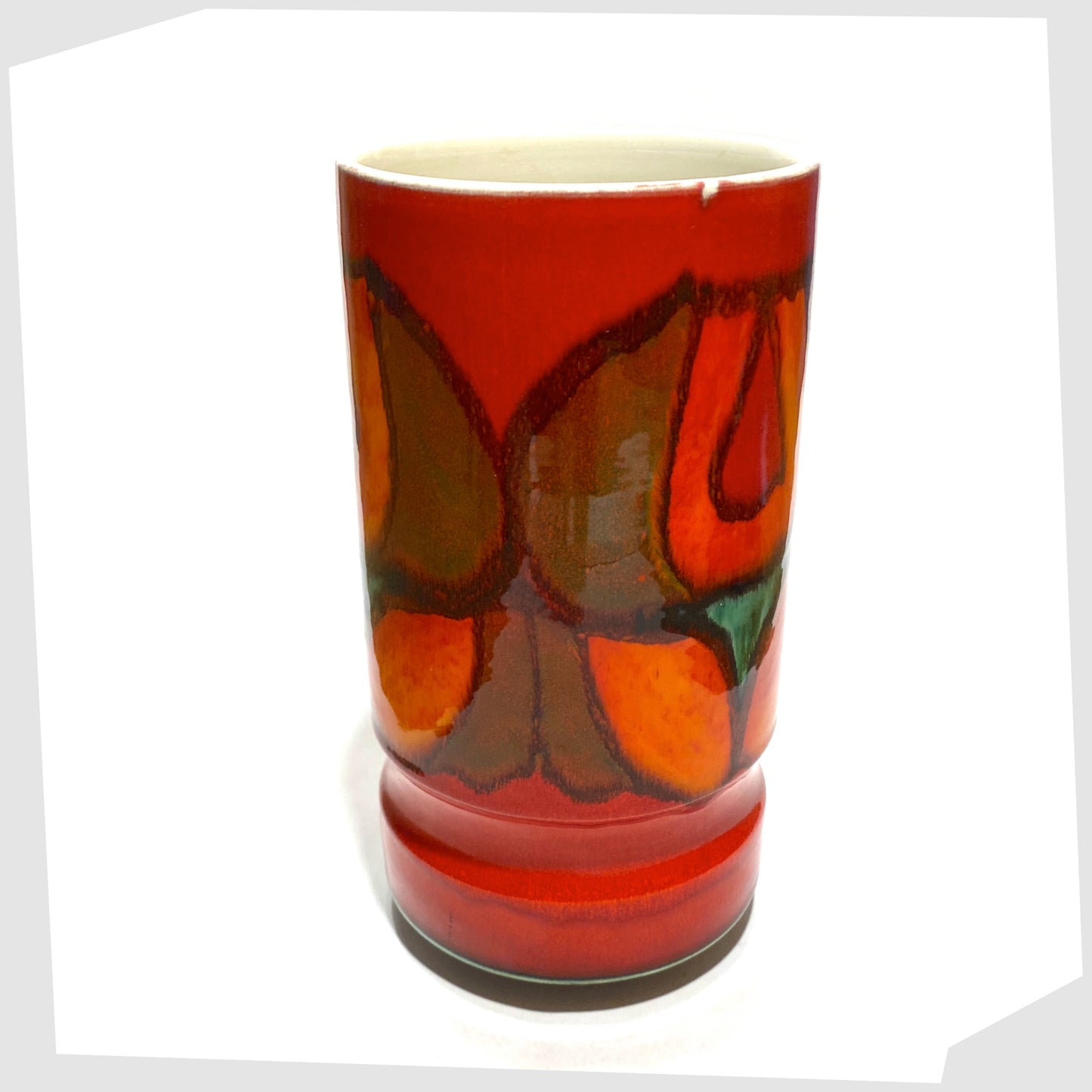 top rim of the Poole Pottery cylinder vase, shape 84, in a red, green and orange Delphis glaze by Cynthia Bennett