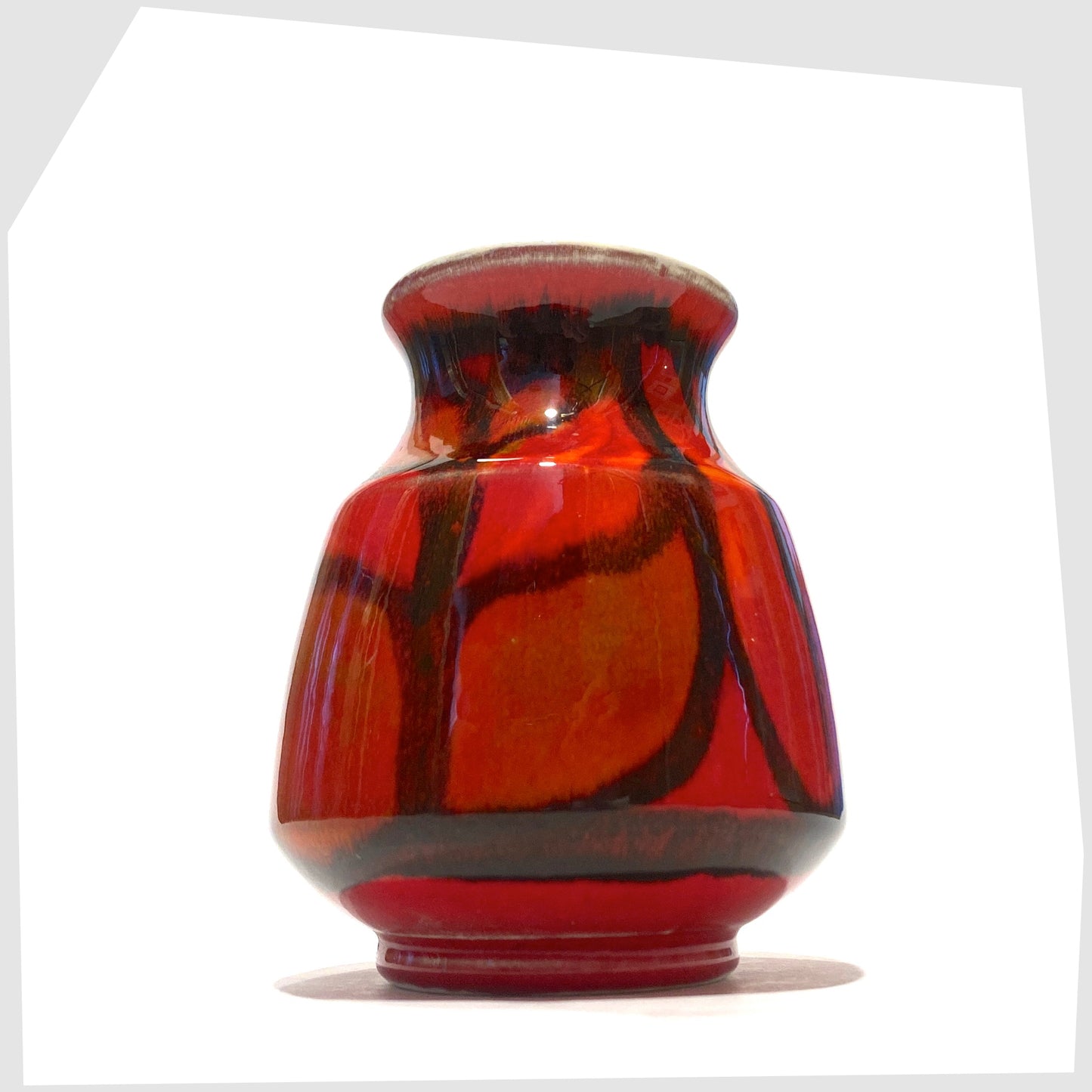 vintage Poole Pottery Delphis Vase, Shape 31, by Lynn Gregory finished in a red glaze with fluid forms of green and orange