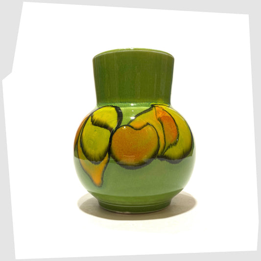 vintage poole pottery vase, shape 31 by Julia Wills, finished in a green delphis glaze with yellow and orange forms