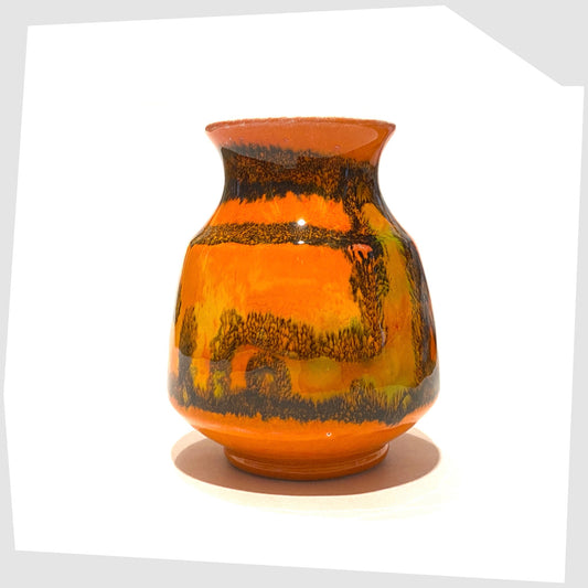 vintage Poole Pottery Delphis Vase, shape 31, by Carol Cutler in a vibrant orange glaze with geometric forms of yellow and green