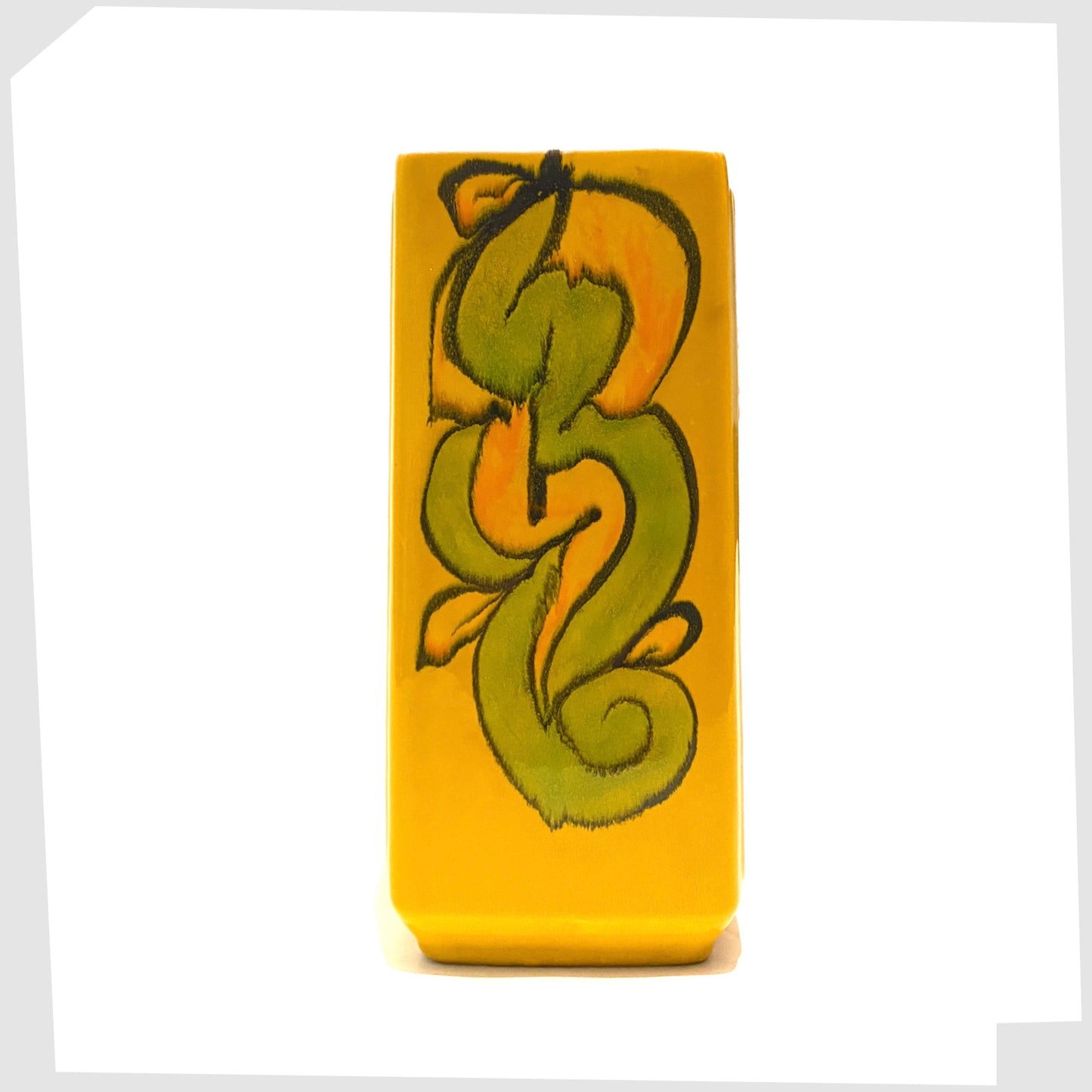 poole pottery shape 36 vase with delphis glaze in mustard yellow, rich orange and green