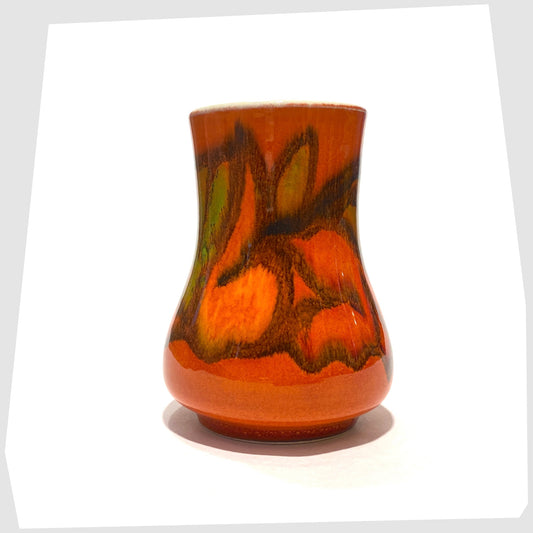 Small Poole Pottery Delphis Vase, Shape 31, by Tina Fancy- glazed in a rich burnt orange with fluid forms of yellow, green and red, shown on a white background