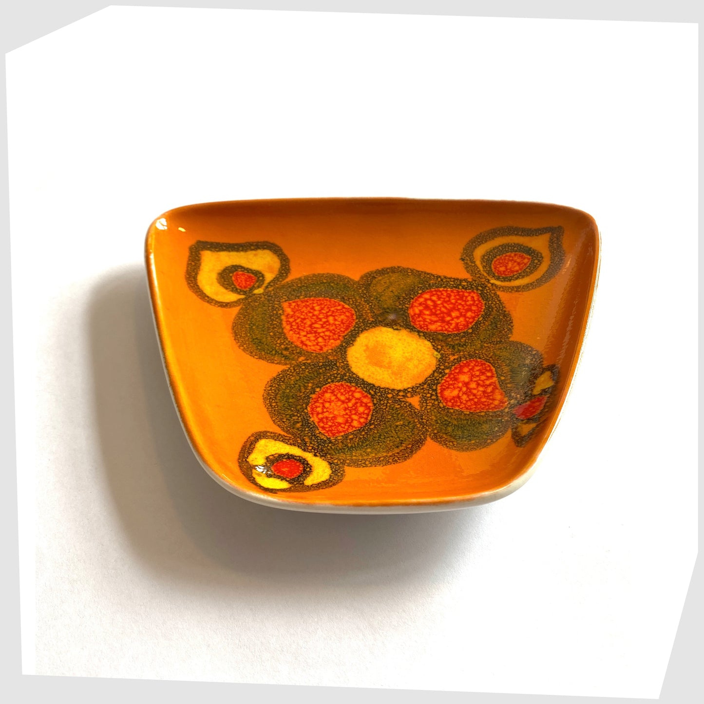 poole pottery delphis dish in orange, red and yellow glaze, shape 81