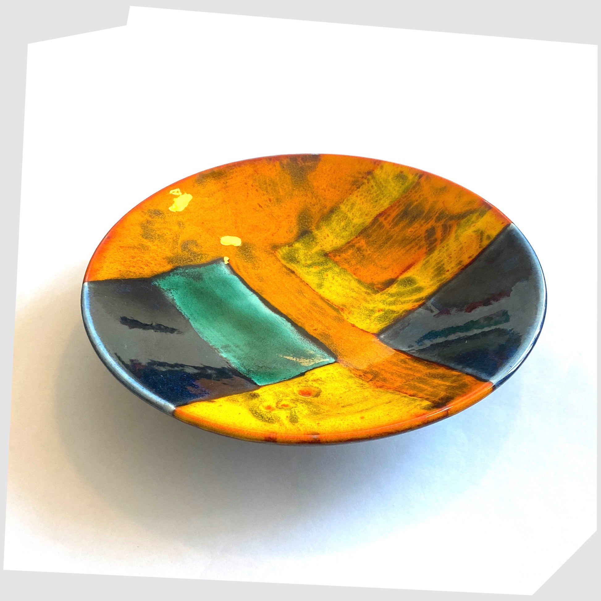 vintage poole pottery gemstones dish glazed in squares of orange, yellow, blue and green glaze