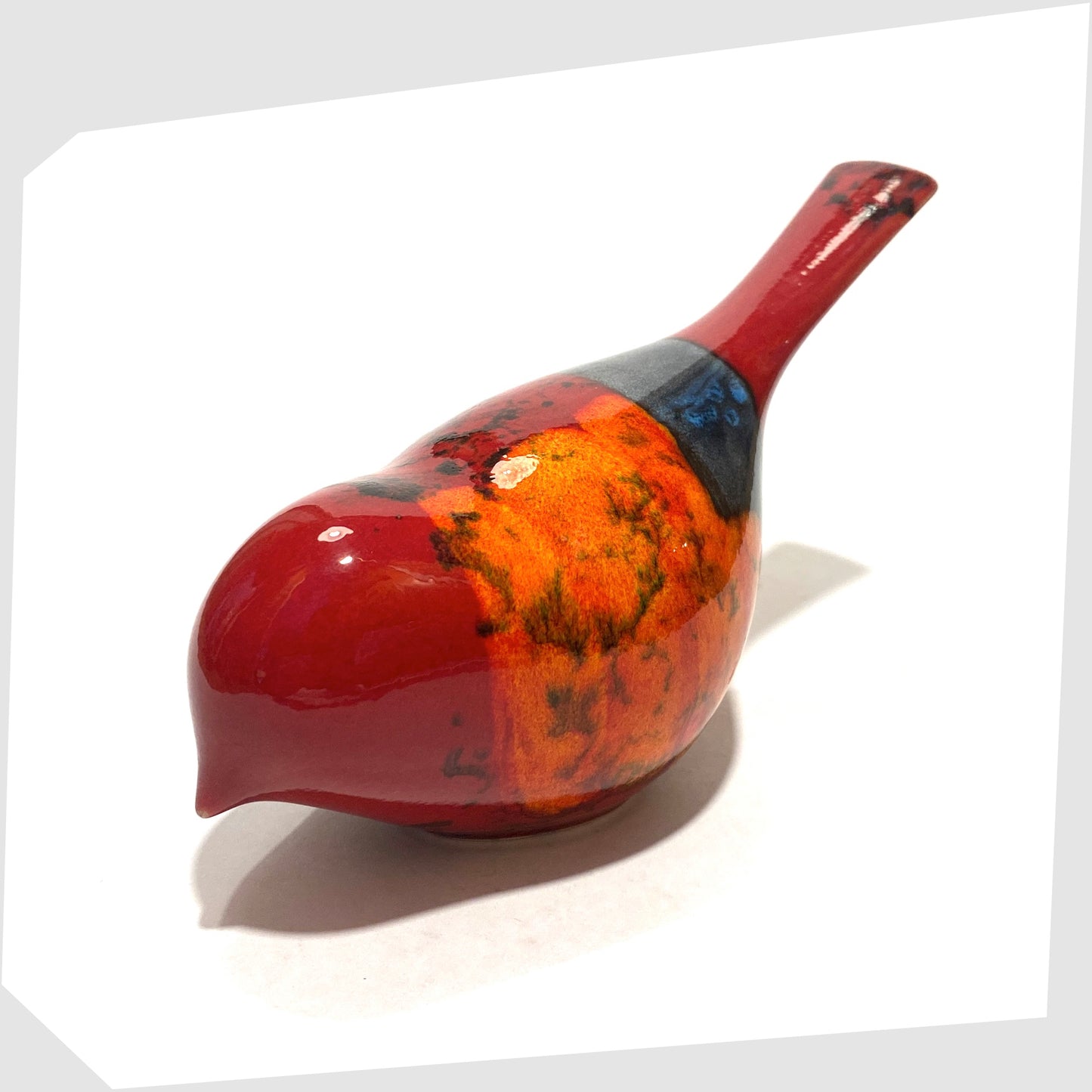 vintage Poole Pottery Pecking Bird in Gemstone glaze of rich red with artistic squares of green, blue, orange and warm grey