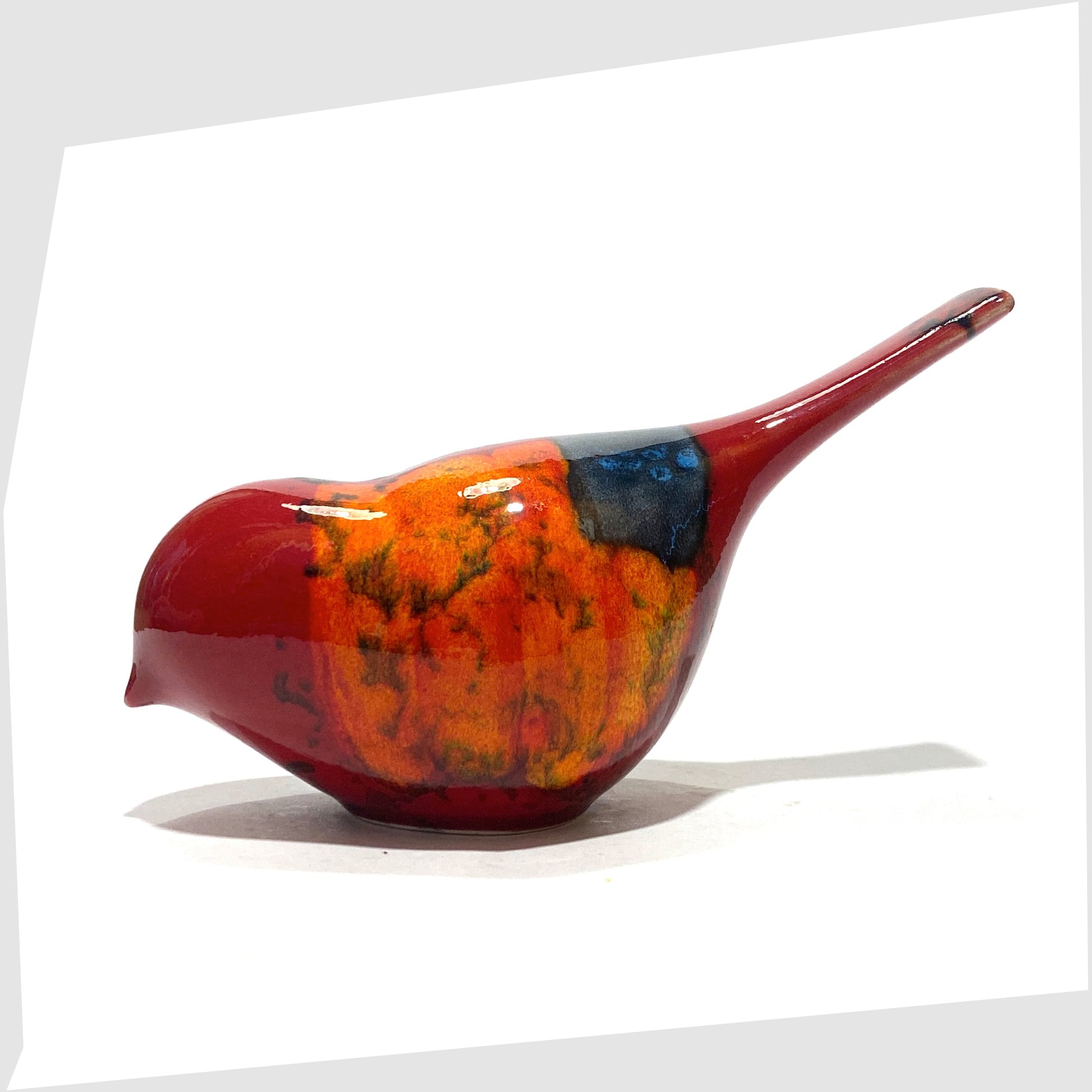 rare Poole Pottery Pecking Bird in Gemstone glaze of rich red with artistic squares of green, blue, orange and warm grey