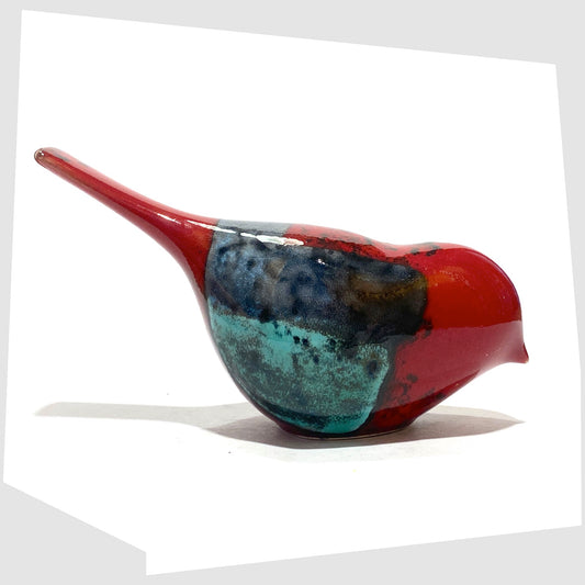 Poole Pottery Pecking Bird in Gemstone glaze of rich red with artistic squares of green, blue, orange and warm grey