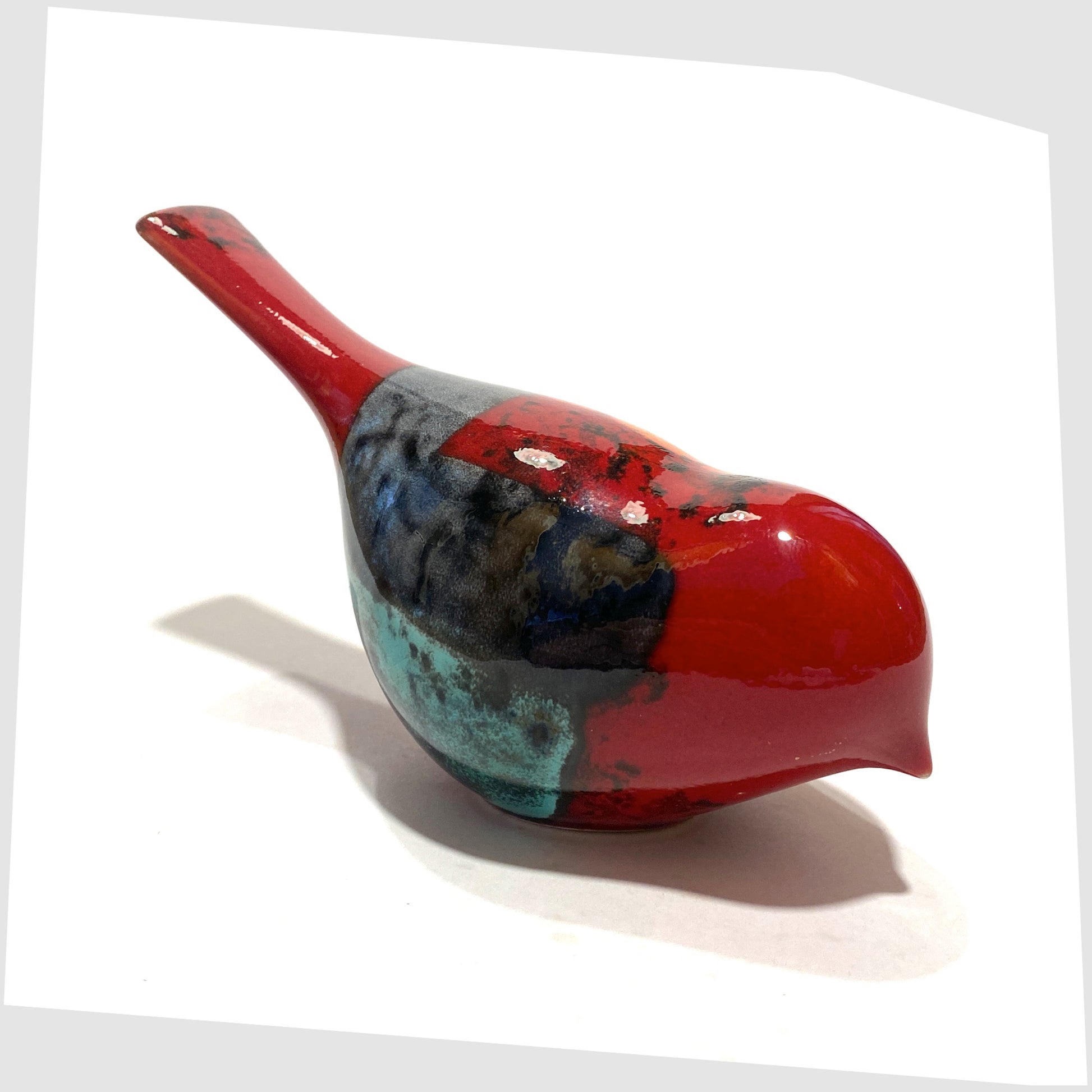 1990s Poole Pottery Pecking Bird in Gemstone glaze of rich red with artistic squares of green, blue, orange and warm grey