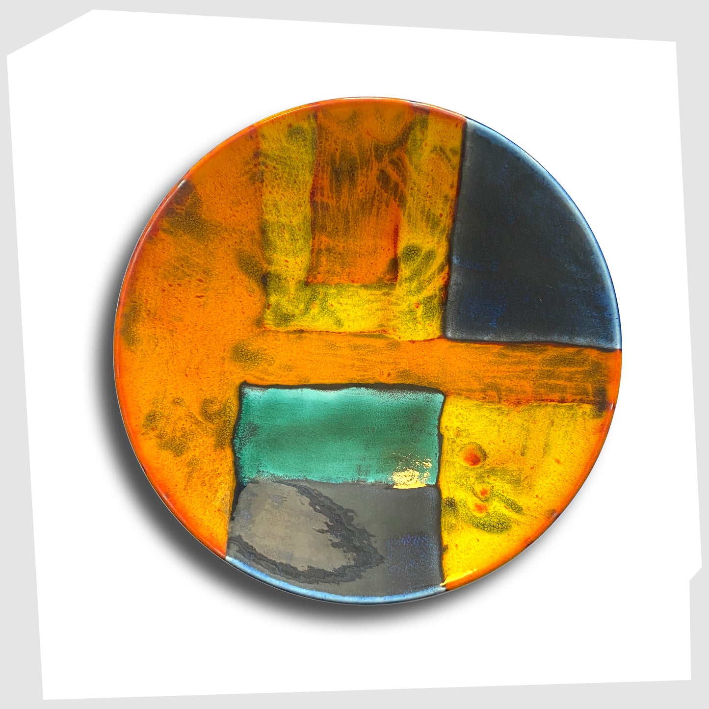 poole pottery gemstones dish glazed in squares of orange, yellow, blue and green glaze