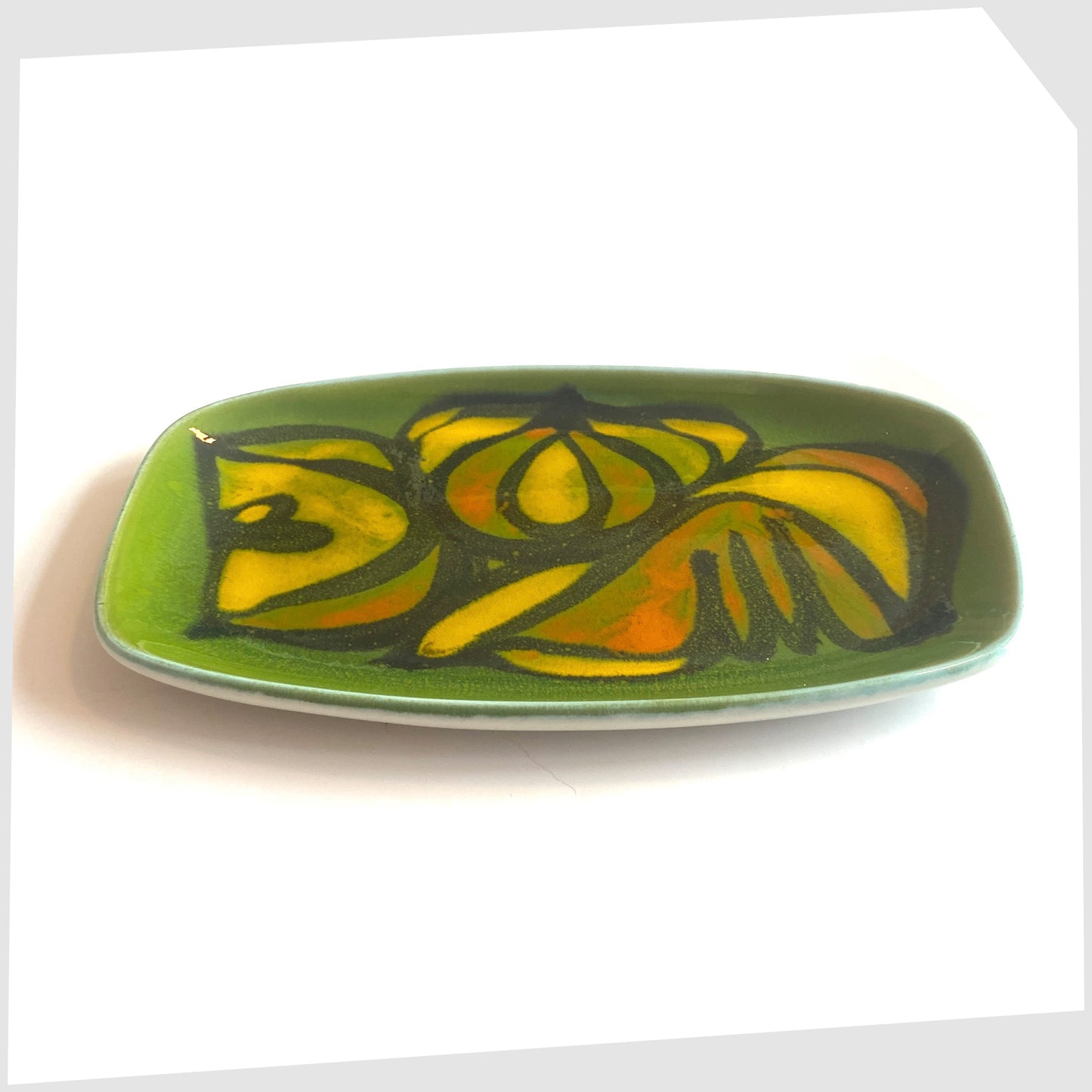 Vintage Poole Pottery Delphis Dish, Shape 361 by Cynthia Bennett in a green glaze with yellow and orange forms