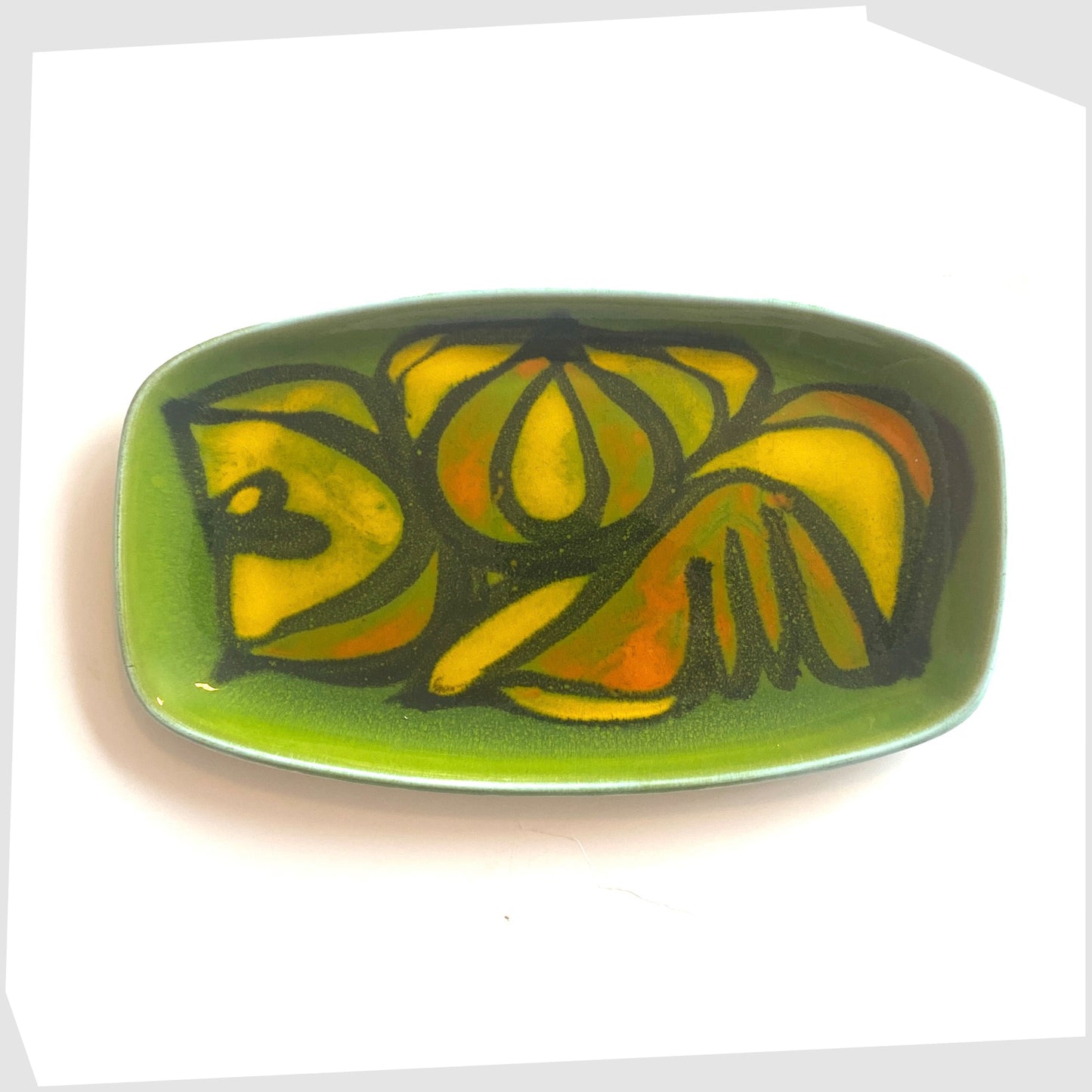 Poole Pottery Delphis Dish, Shape 361 by Cynthia Bennett in a green glaze with yellow and orange forms