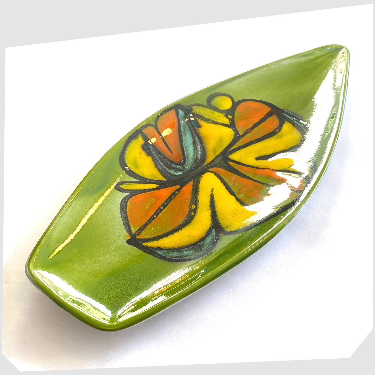 vintage poole pottery delphis spear dish, shape 82 by Cynthia Bennett, in a rich green laze with free-forms shapes of orange and yellow