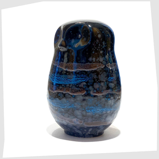 poole pottery large owl ornament glazed in the celestial finish of black, blue and violet