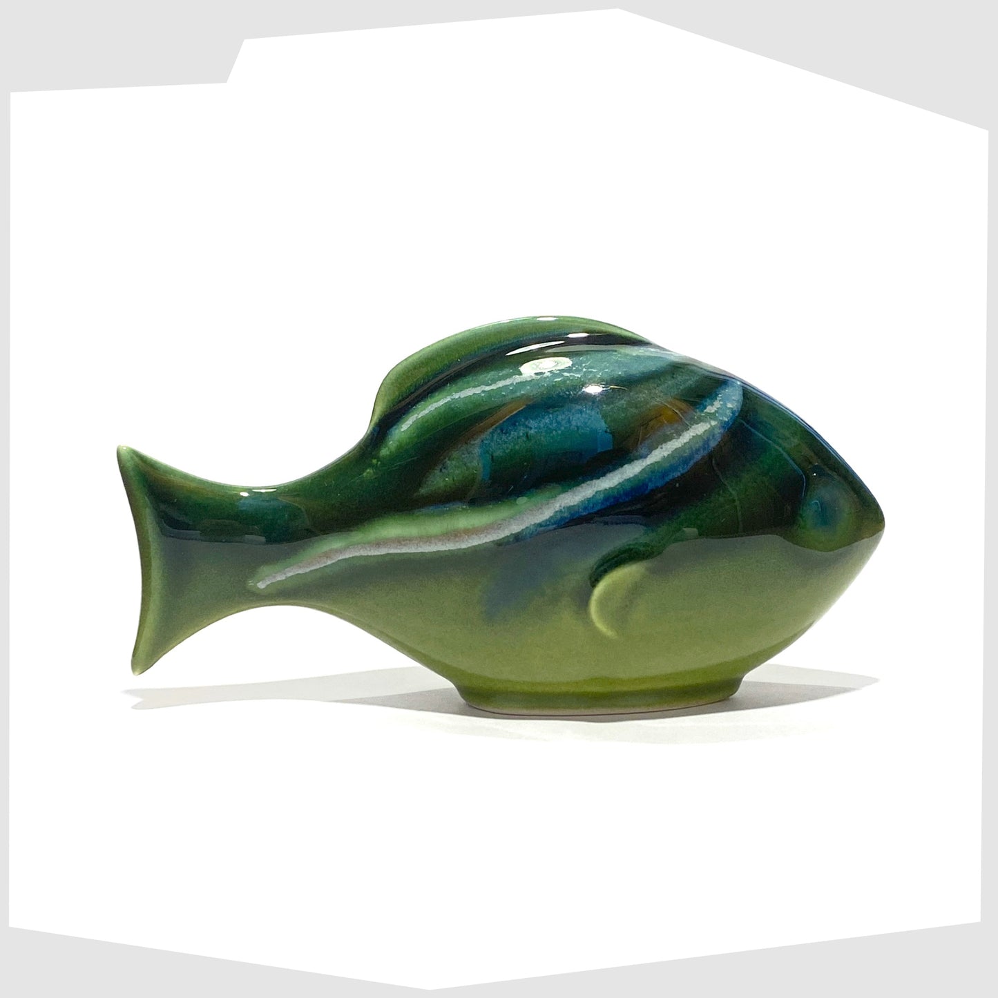 poole pottery large fish ornament in maya glaze of green, blue and warm grey