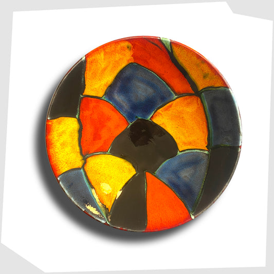 Poole Pottery Mosaic Dish glazed in a multicoloured design of red, orange, black and blue forms