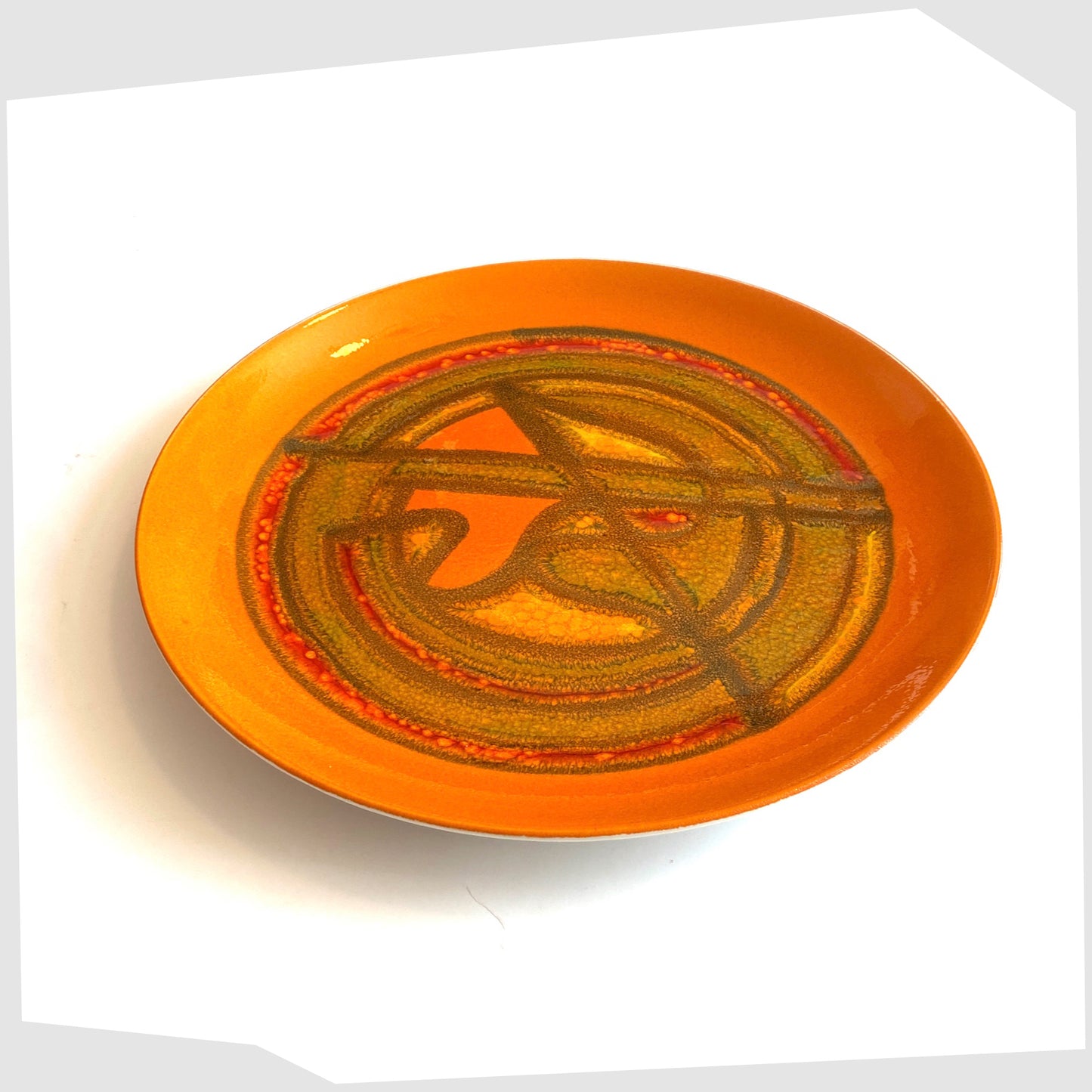 Poole Pottery Delphis Plate, shape 4A, by Wendy Smith in a vibrant orange glaze with fluid forms of yellow and green