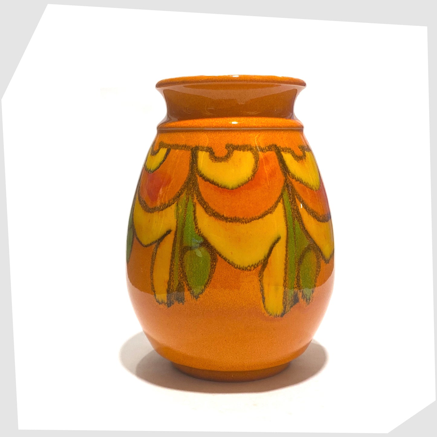 1970s Poole Pottery Delphis Vase by Cynthia Bennett finished in a vivid orange glaze with flowing free-forms of yellow and green