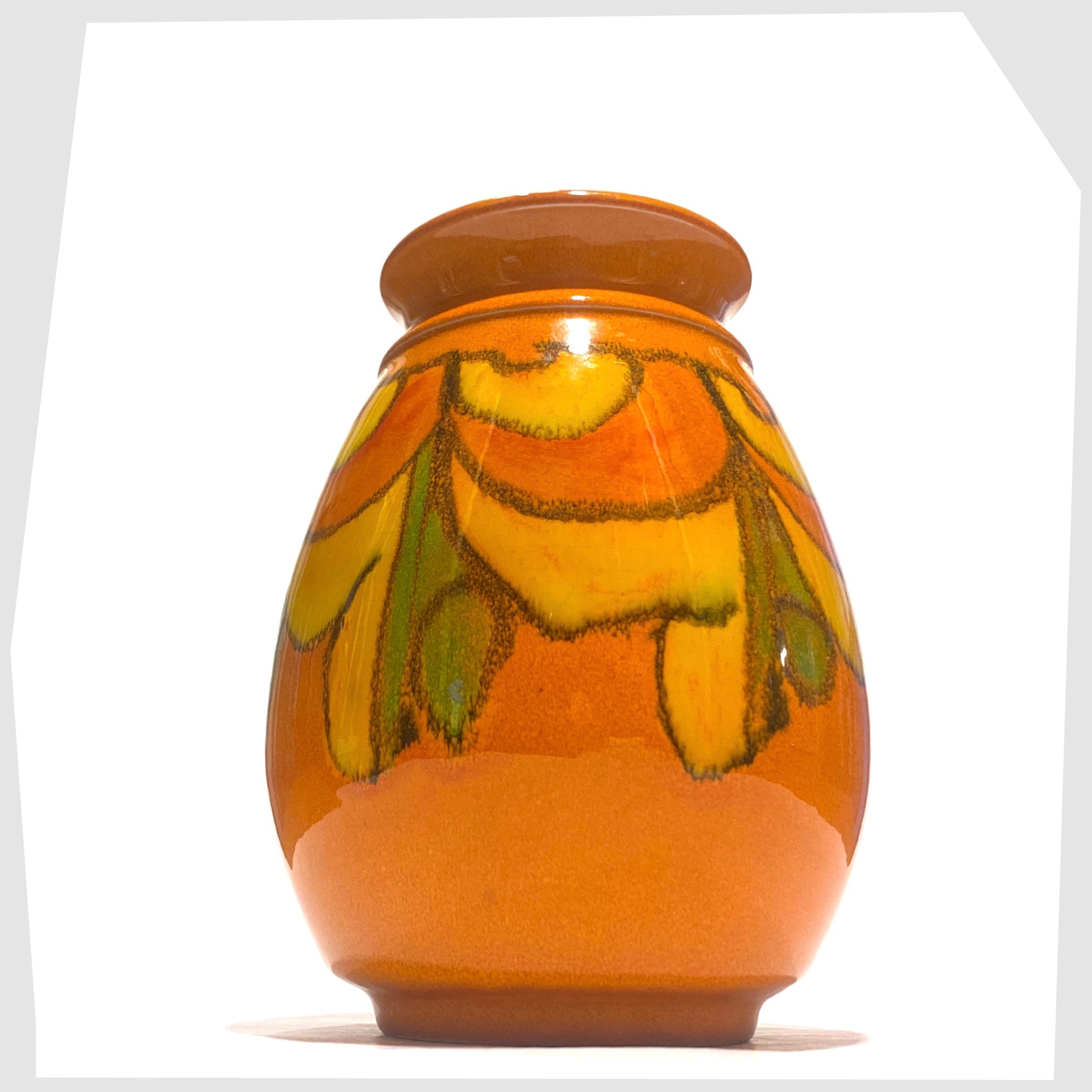 Poole Pottery Delphis Shape 83 Vase by Cynthia Bennett finished in a vivid orange glaze with flowing free-forms of yellow and green