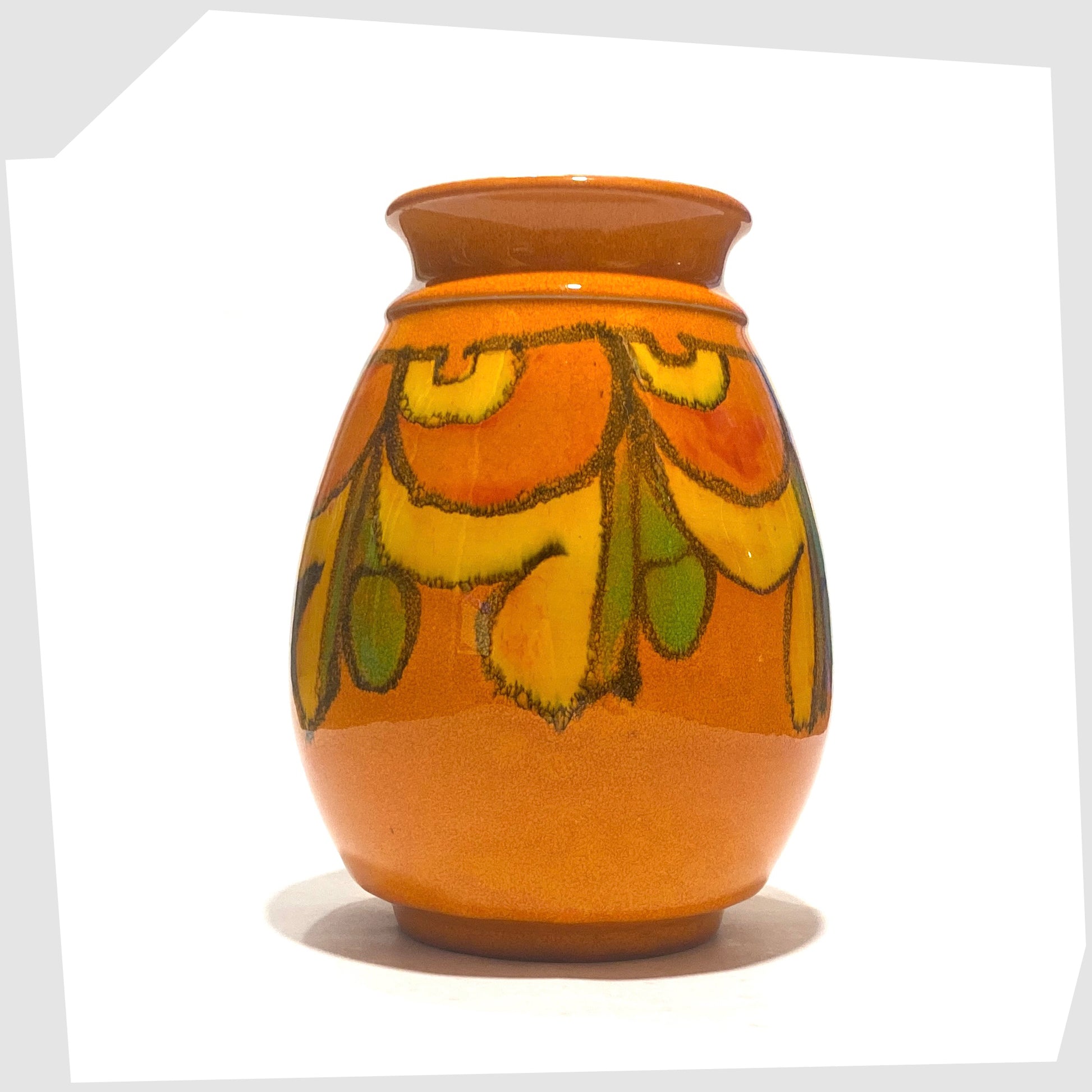 Poole Pottery Delphis Vase by Cynthia Bennett finished in a vivid orange glaze with flowing free-forms of yellow and green
