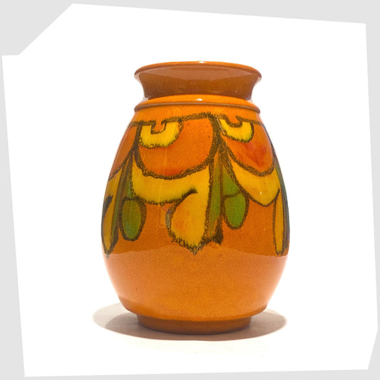 Poole Pottery Delphis Vase by Cynthia Bennett finished in a vivid orange glaze with flowing free-forms of yellow and green