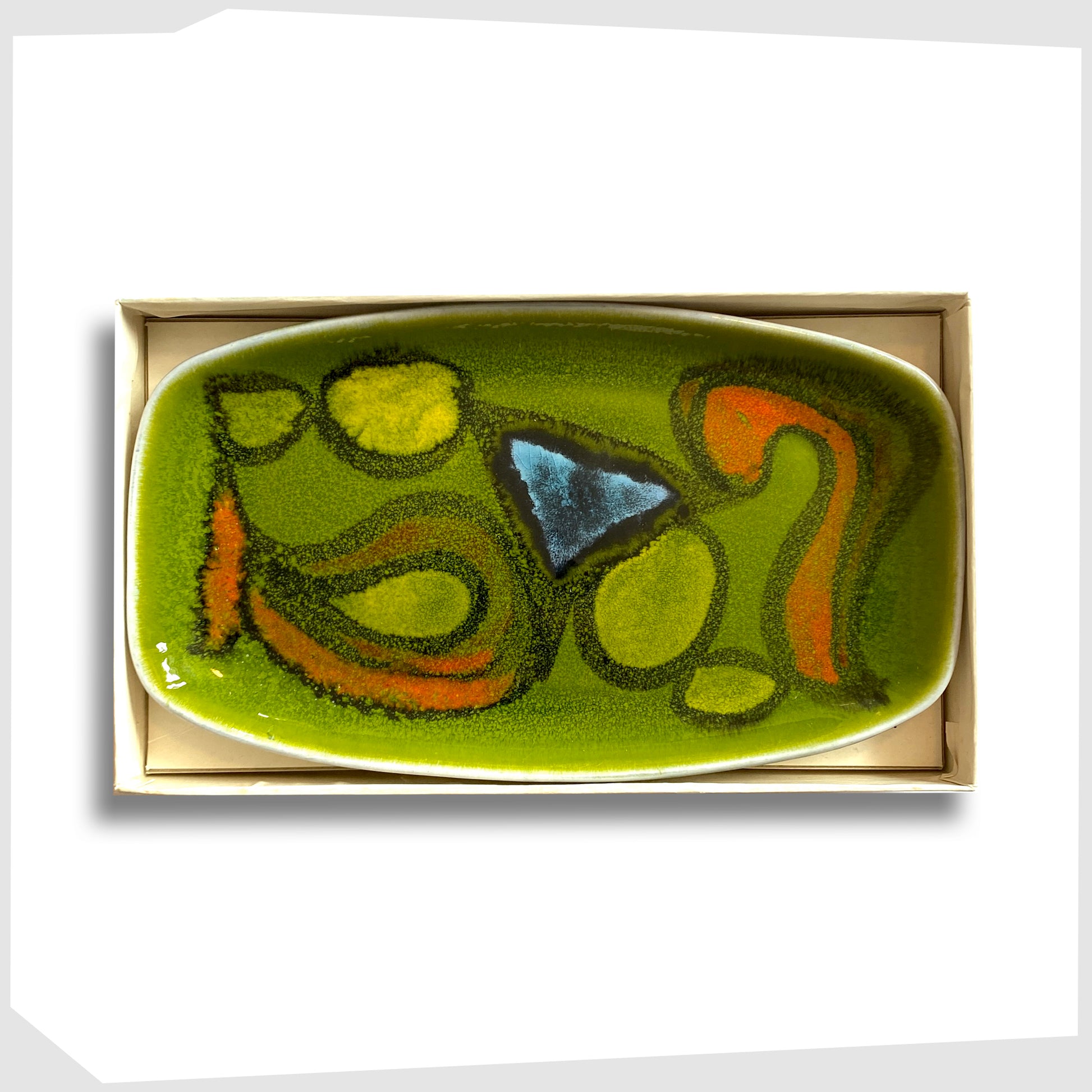 poole pottery pin dish in green delphis glaze, inside its vintage original retail box