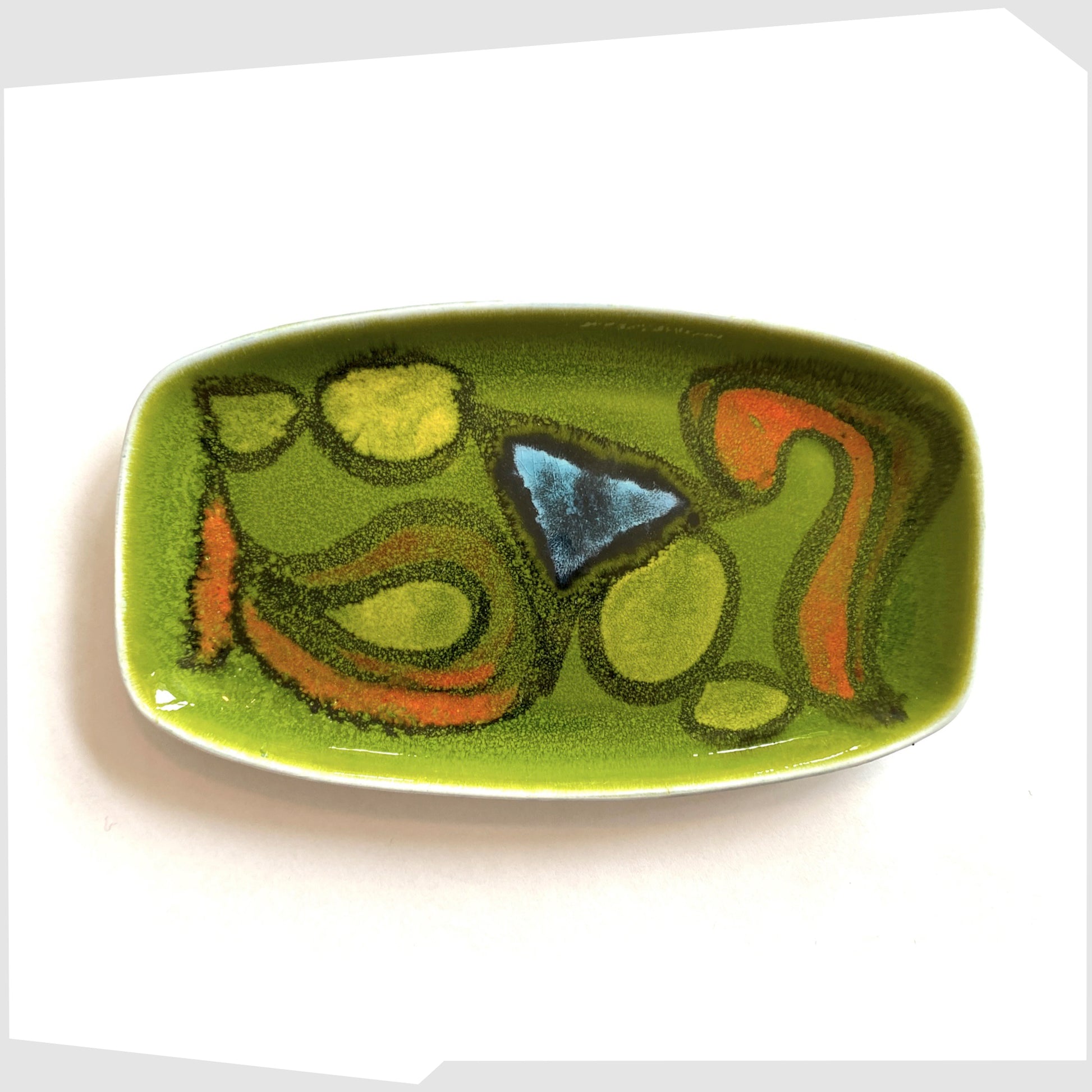 poole pottery 361 pin dish, glazed in the delphis pattern of green, orange and yellow fluid forms
